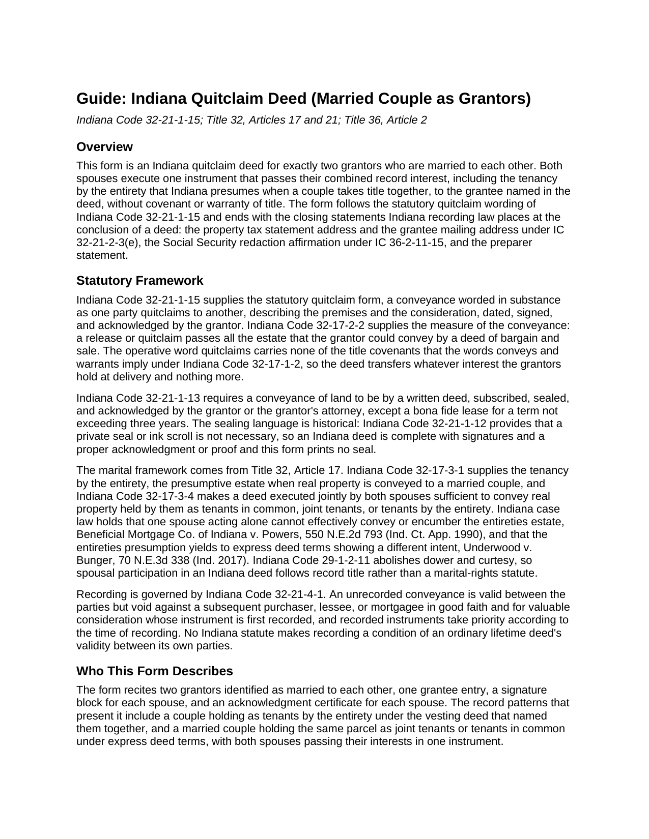 Tippecanoe County Quitclaim Deed (Married Couple as Grantors) Guide