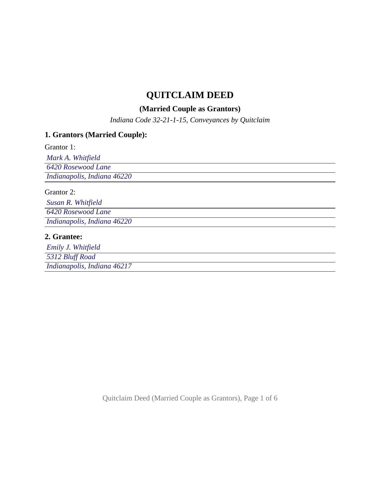 Tippecanoe County Completed Example of the Quitclaim Deed (Married Couple as Grantors) Document
