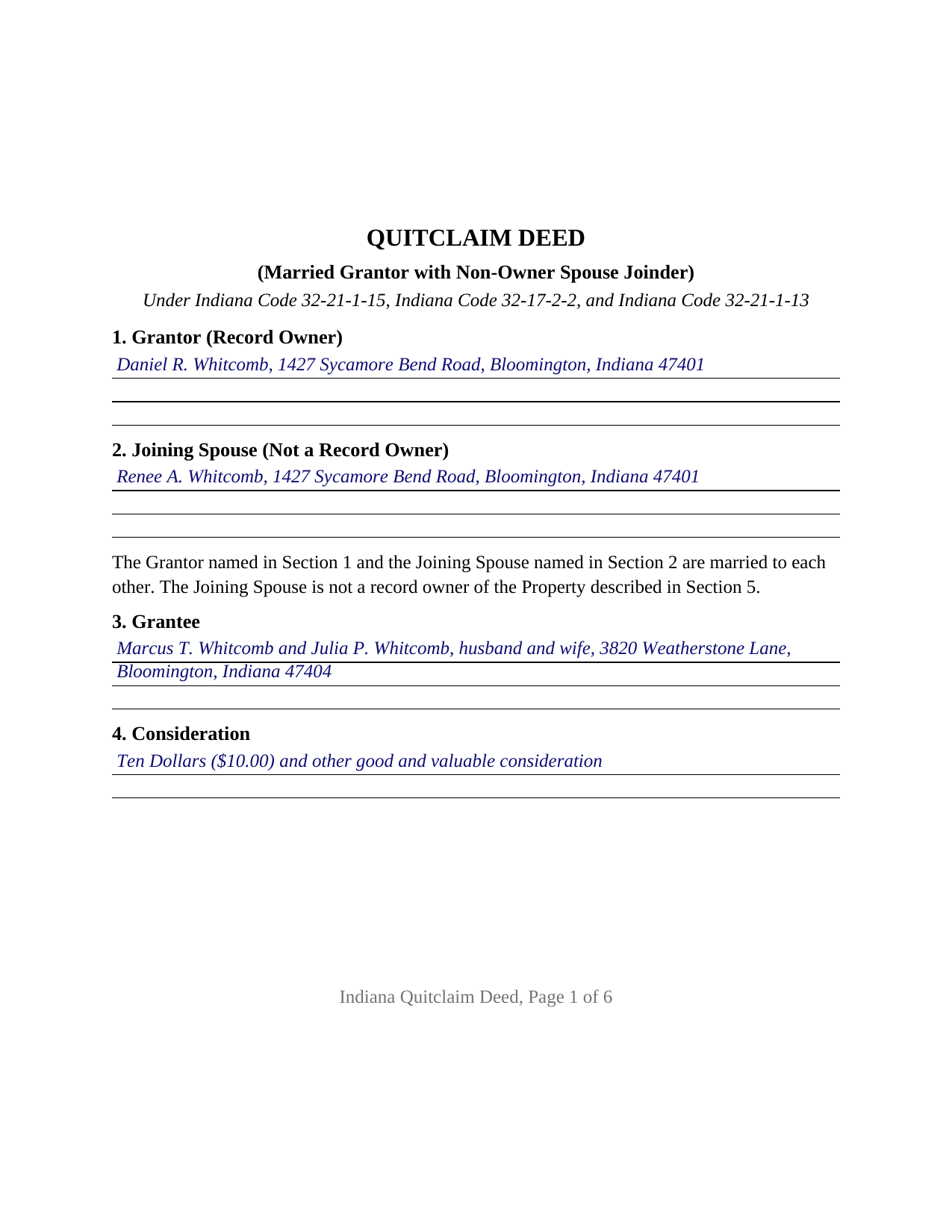 Perry County Completed Example of the Quitclaim Deed (Married Grantor with Non-Owner Spouse Joinder) Document