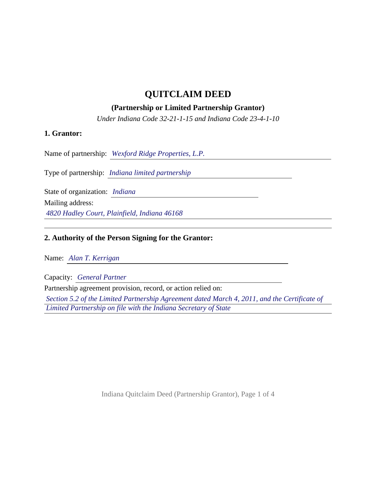 Clinton County Completed Example of the Quitclaim Deed (Partnership or Limited Partnership Grantor) Document