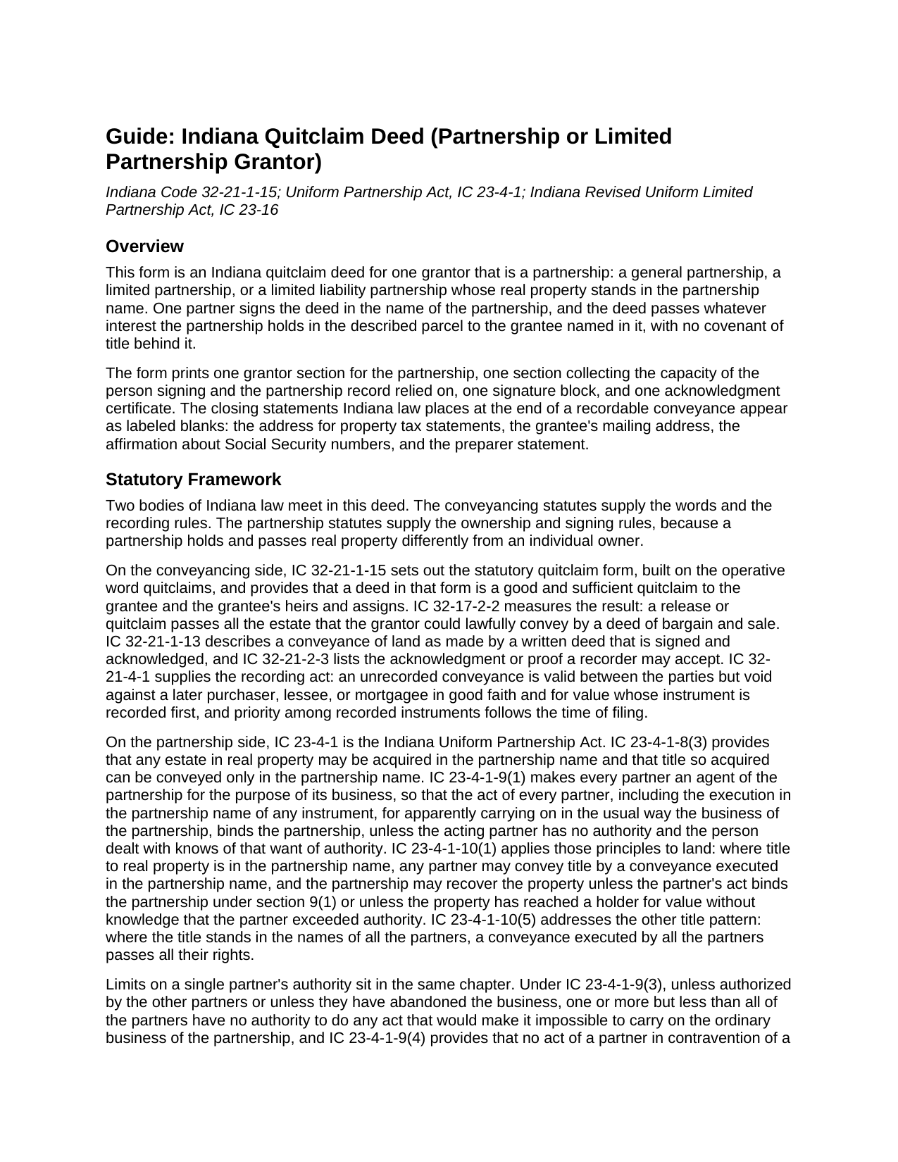 Clinton County Quitclaim Deed (Partnership or Limited Partnership Grantor) Guide