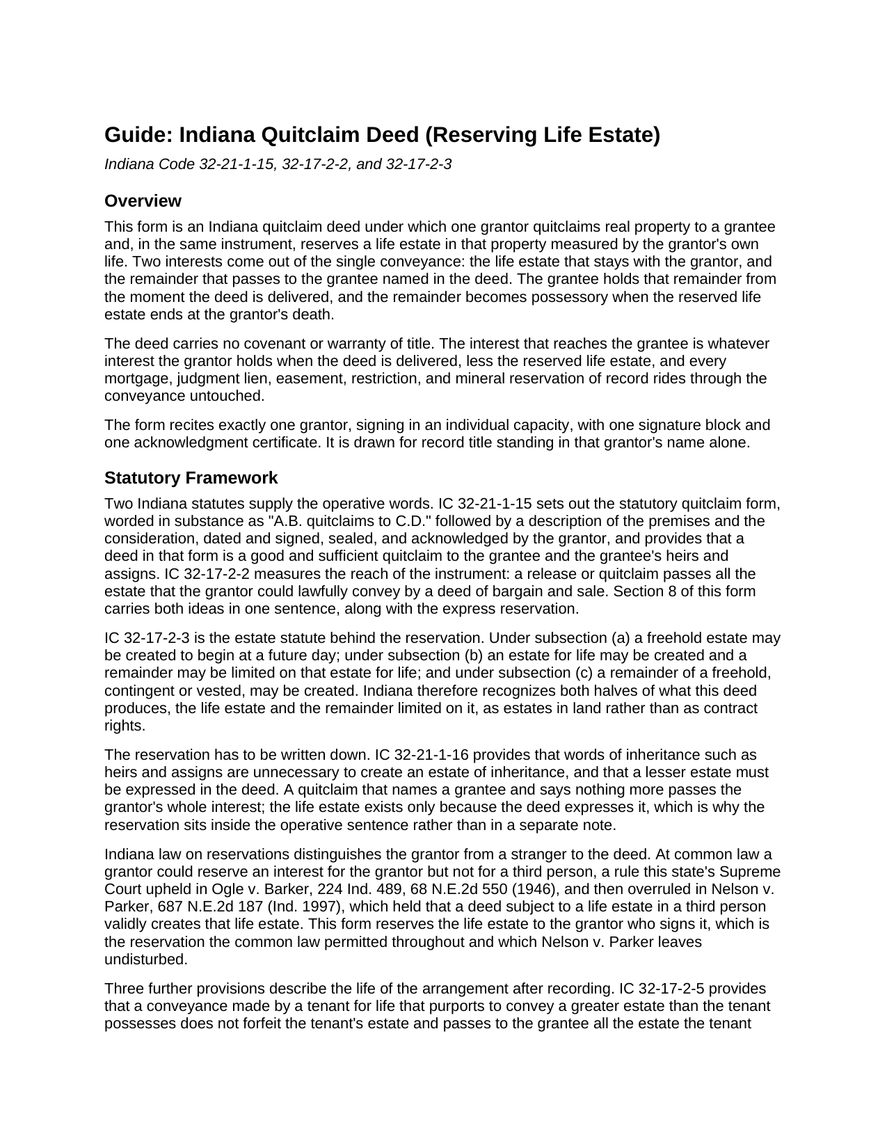 Marion County Quitclaim Deed (Reserving Life Estate) Guide