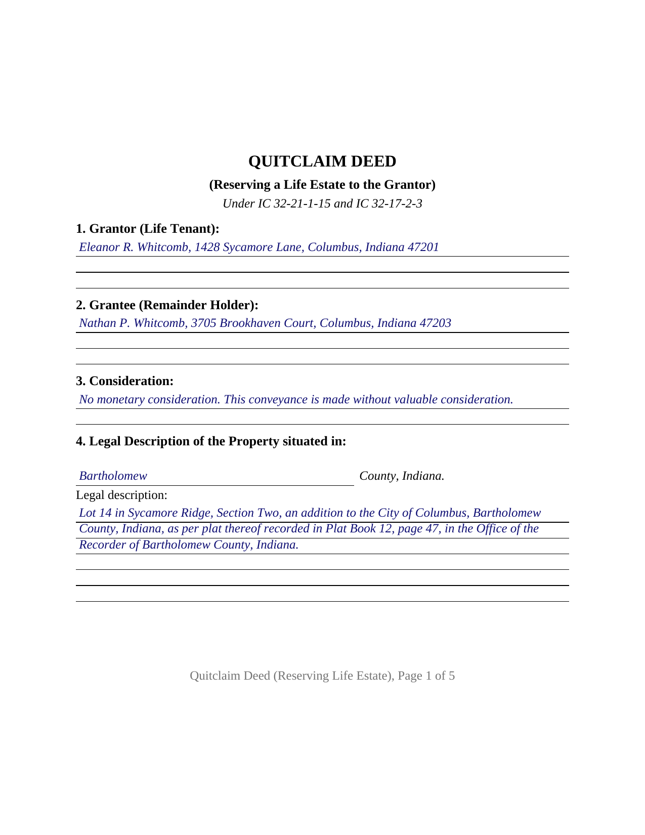 Marion County Completed Example of the Quitclaim Deed (Reserving Life Estate) Document