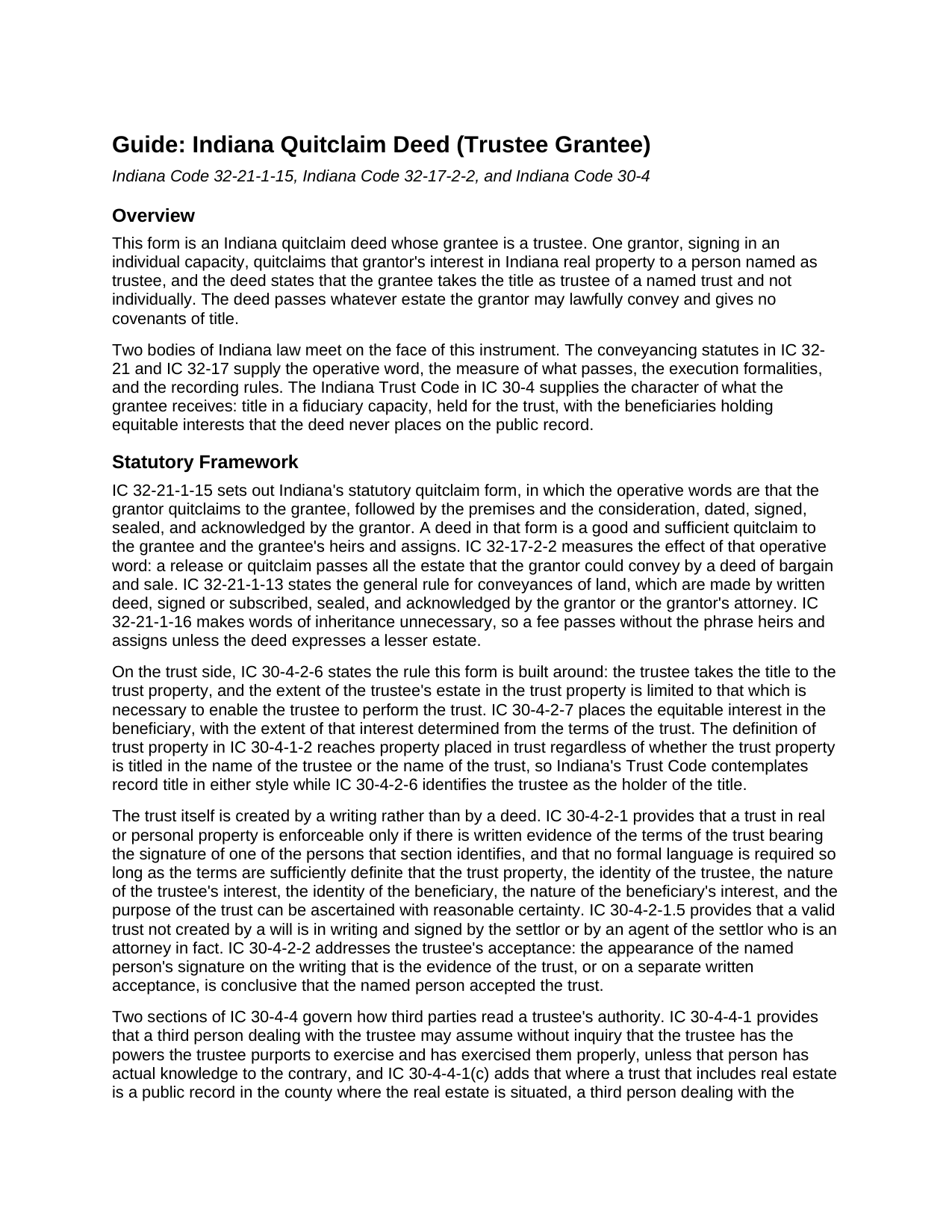 Clay County Quitclaim Deed (Trustee Grantee) Guide