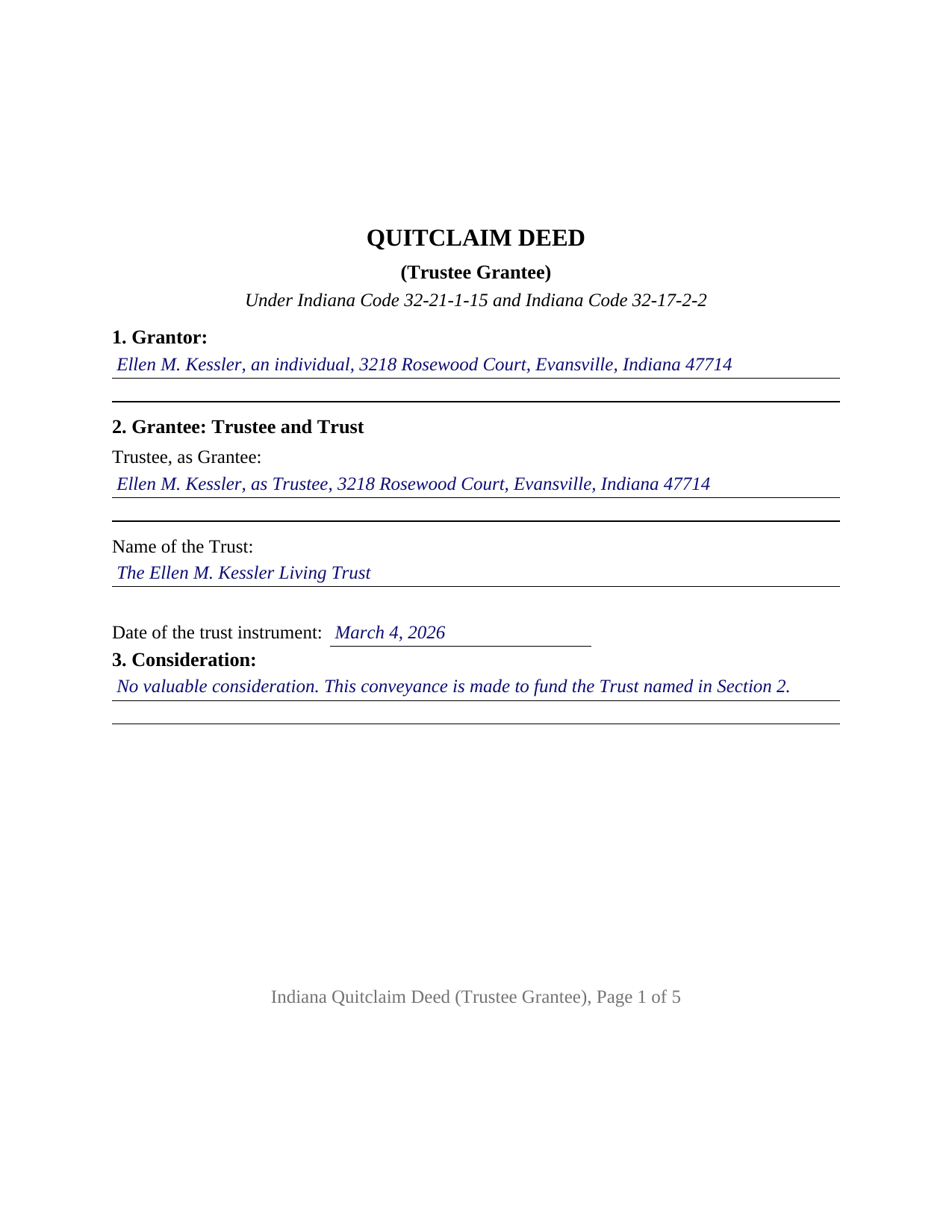 Clay County Completed Example of the Quitclaim Deed (Trustee Grantee) Document