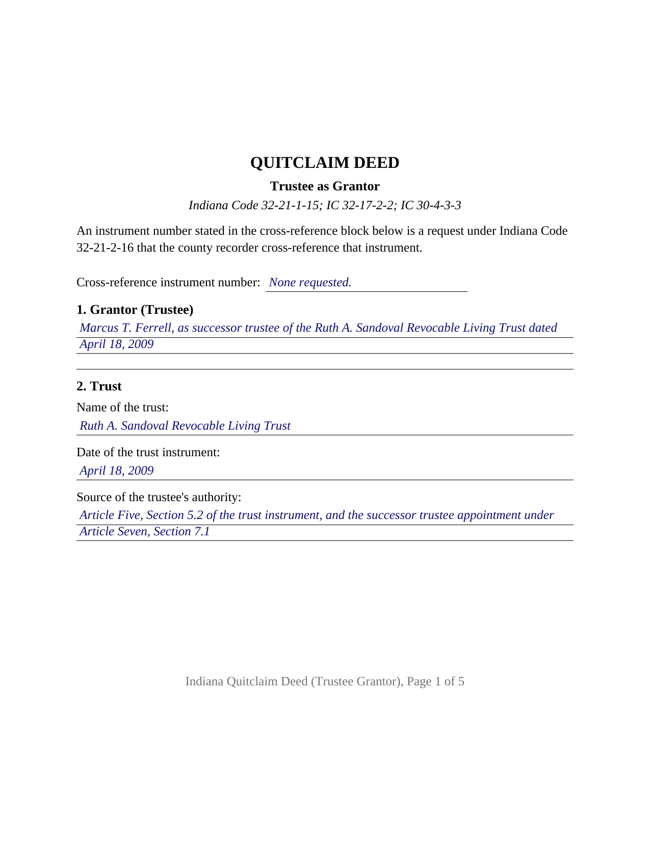 Martin County Completed Example of the Quitclaim Deed (Trustee Grantor) Document