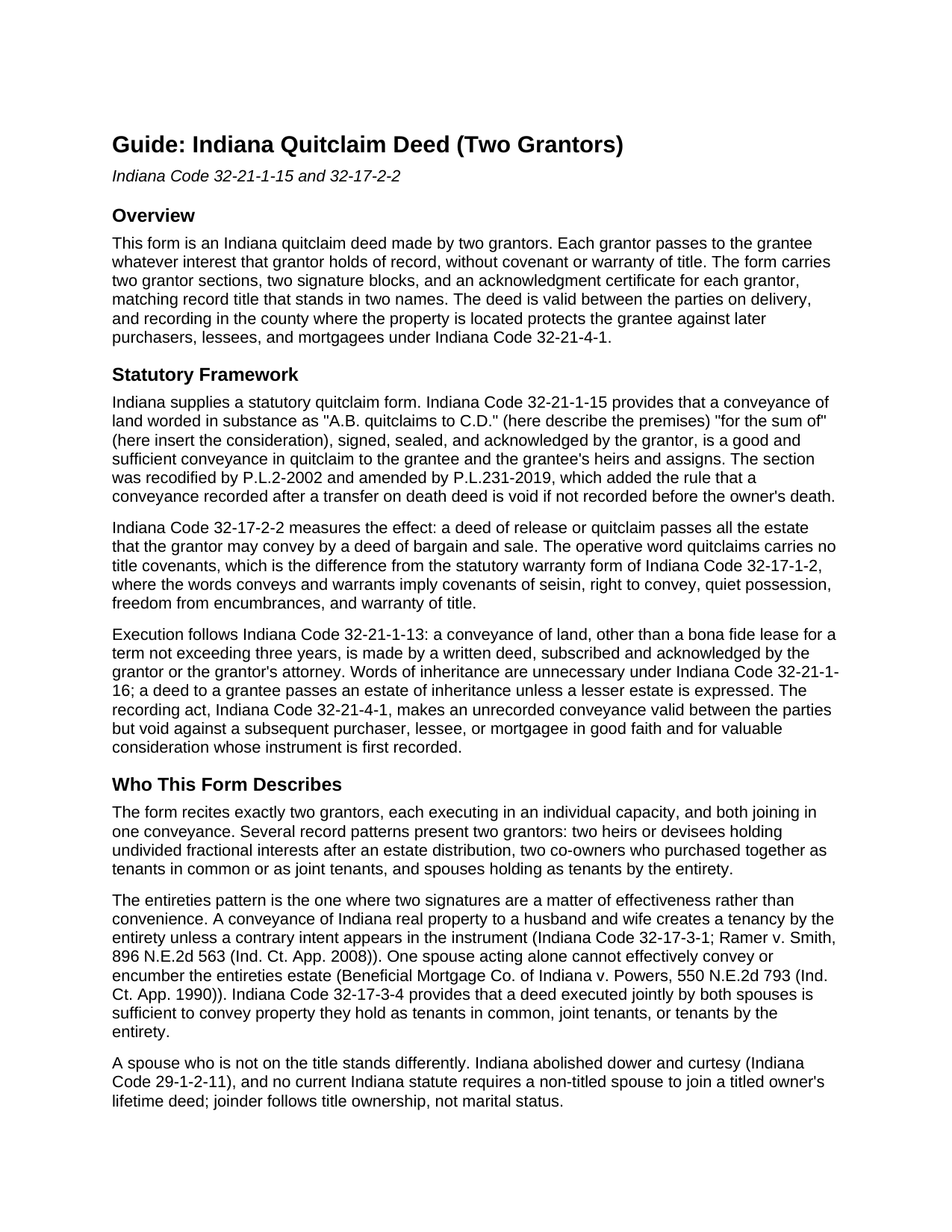 Switzerland County Quitclaim Deed (Two Grantors) Guide