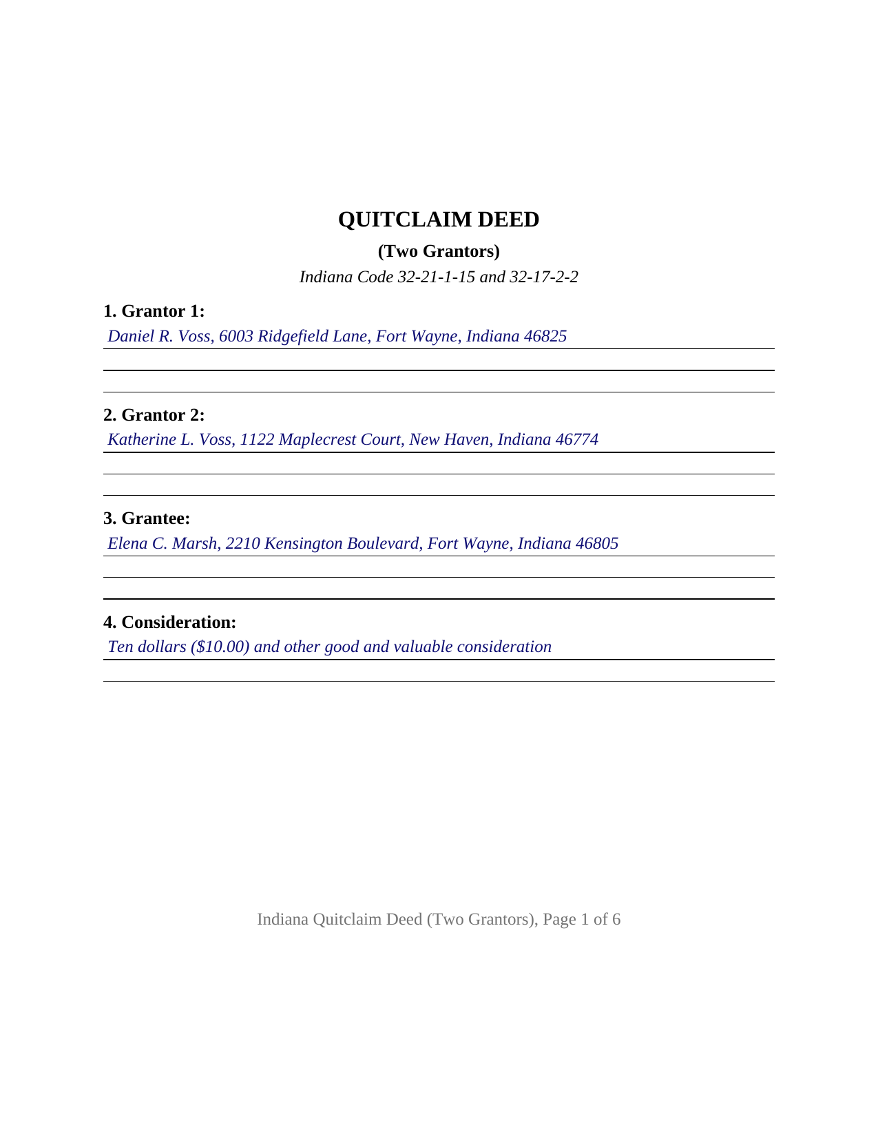 Switzerland County Completed Example of the Quitclaim Deed (Two Grantors) Document