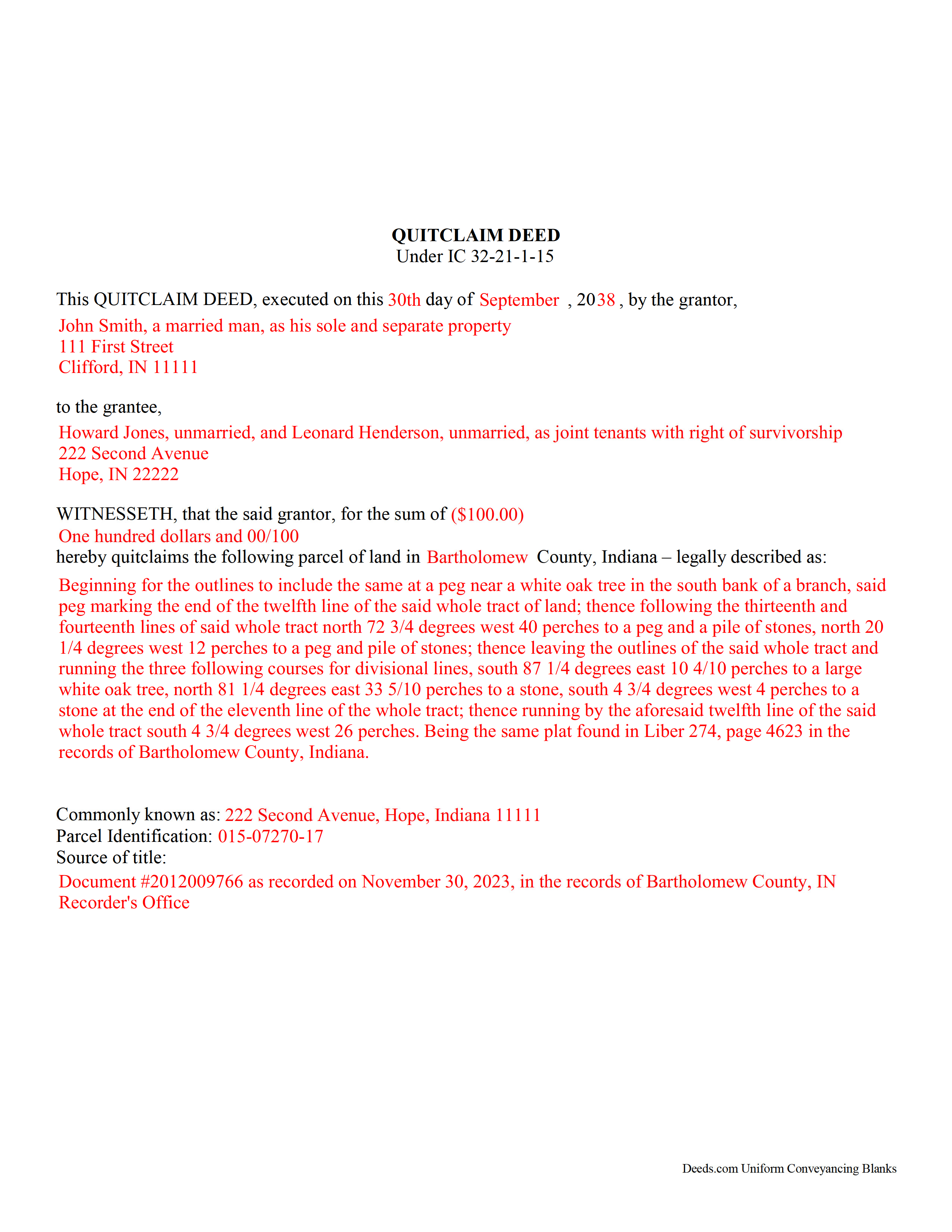 Warrick County Completed Example of the Quitclaim Deed Document