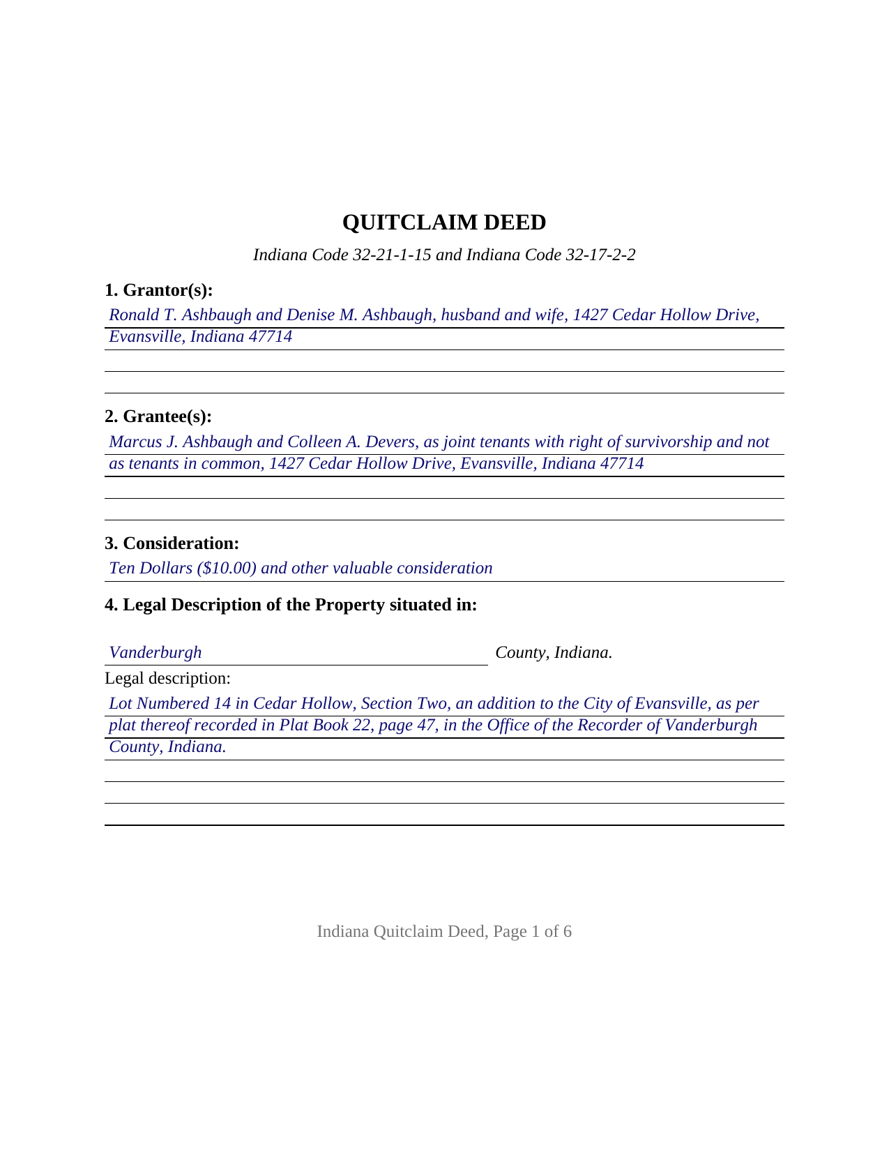 Starke County Completed Example of the Quitclaim Deed Document