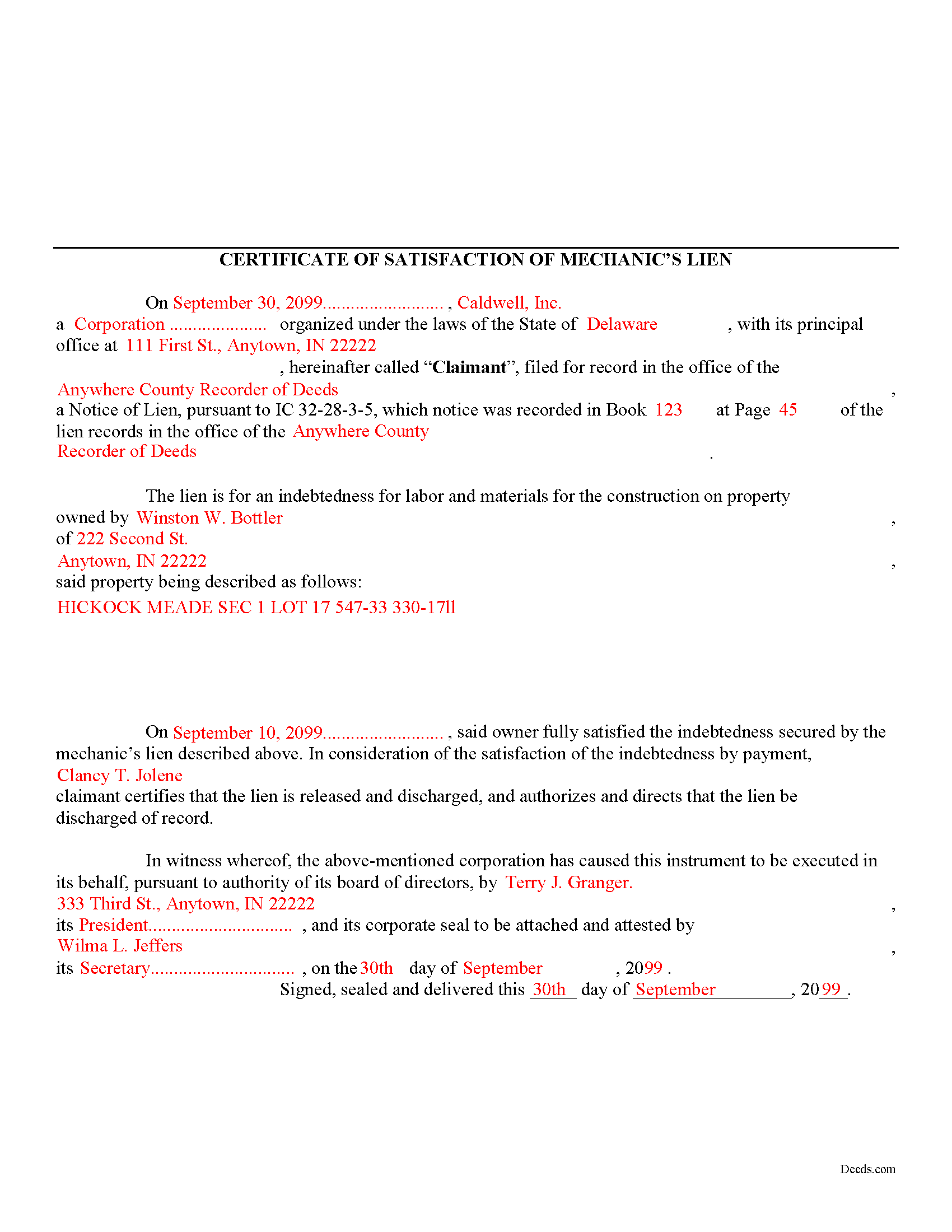 Completed Example of the Satisfaction of Mechanic Lien Document