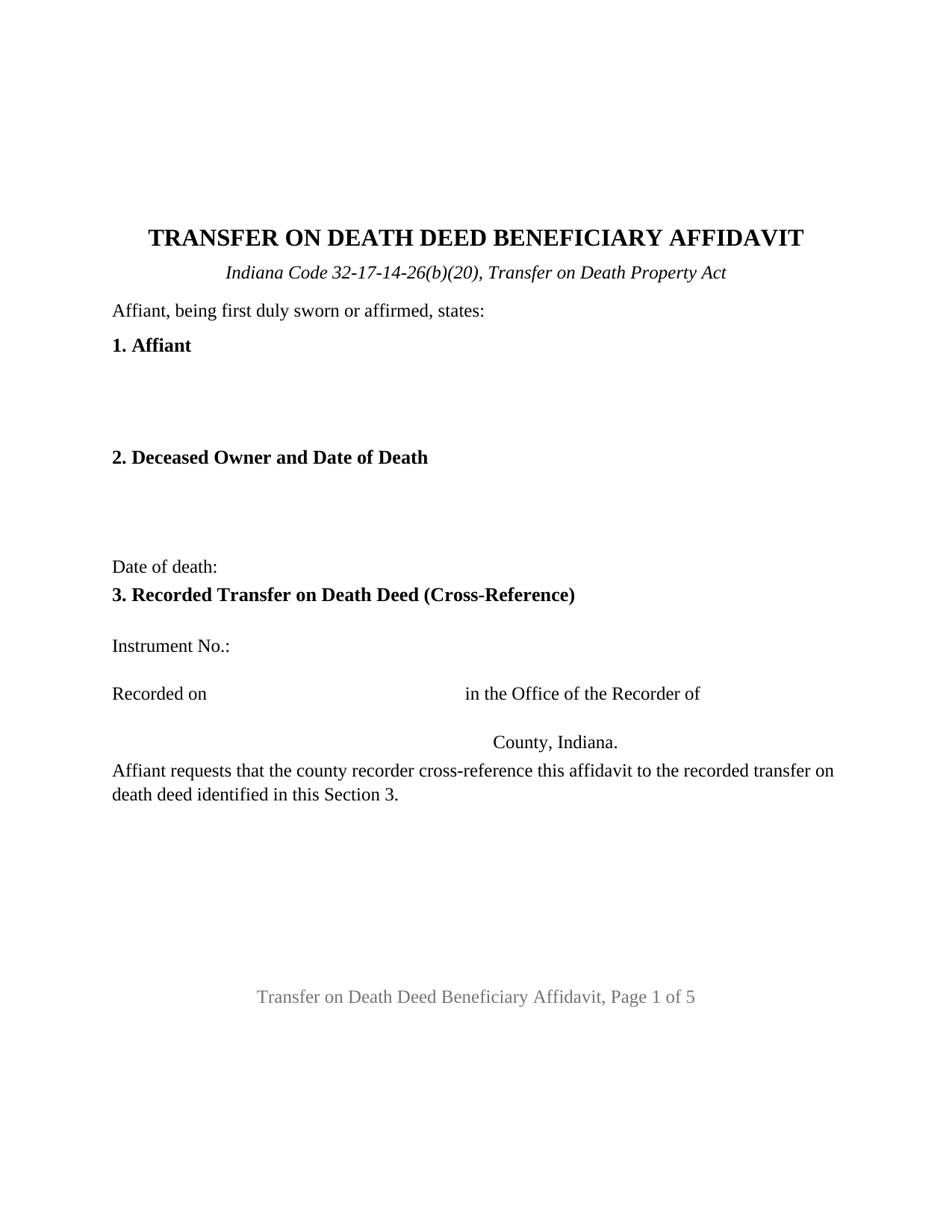 Blackford County Transfer on Death Deed Beneficiary Affidavit Form