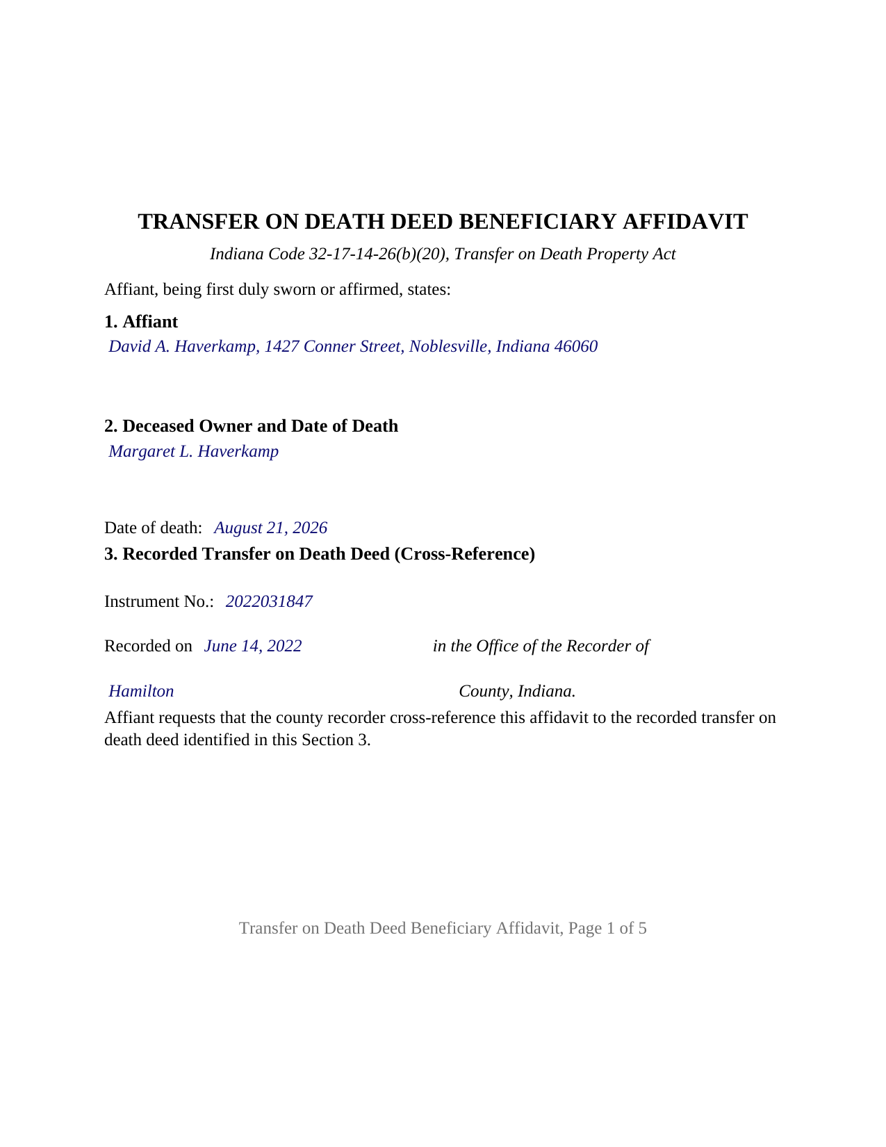 Blackford County Completed Example of the Transfer on Death Deed Beneficiary Affidavit Document