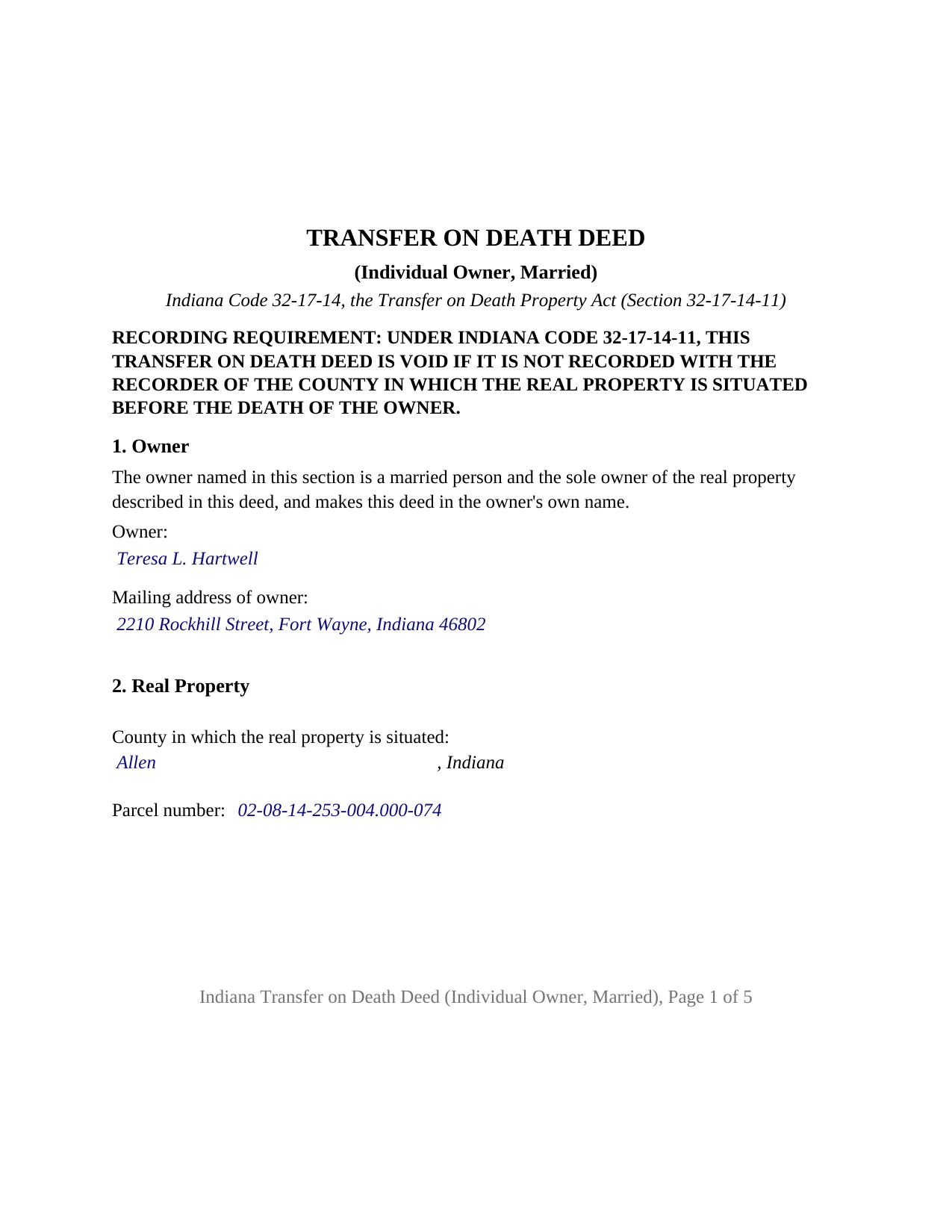 Fulton County Completed Example of the Transfer on Death Deed (Individual Owner, Married) Document