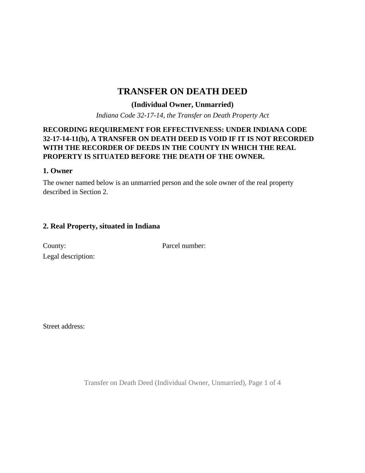 Wayne County Transfer on Death Deed (Individual Owner, Unmarried) Form