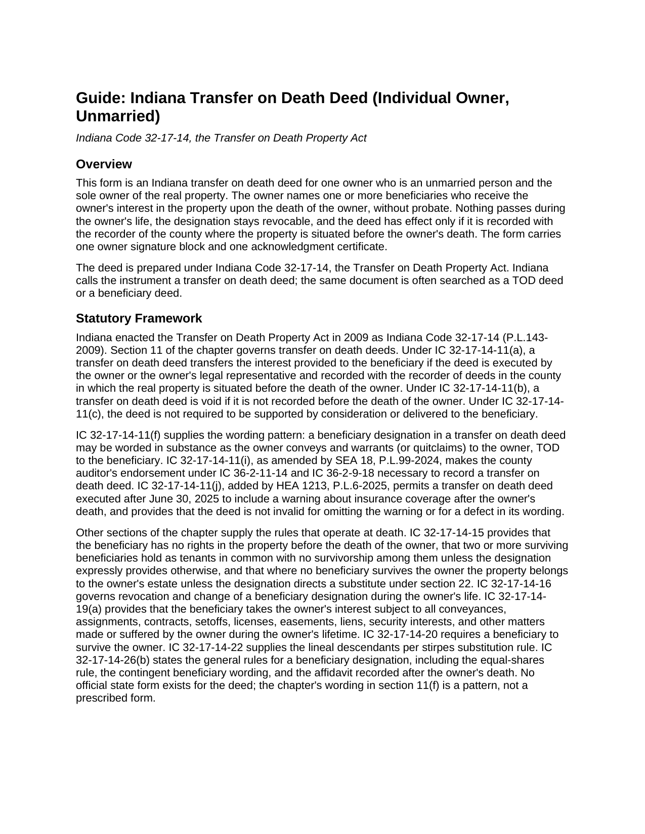 Wayne County Transfer on Death Deed (Individual Owner, Unmarried) Guide