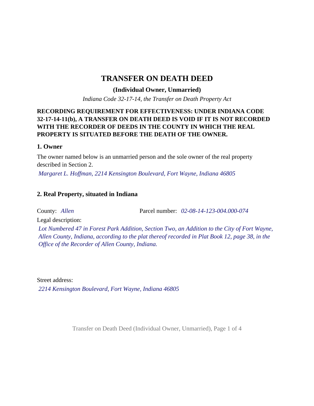 Wayne County Completed Example of the Transfer on Death Deed (Individual Owner, Unmarried) Document