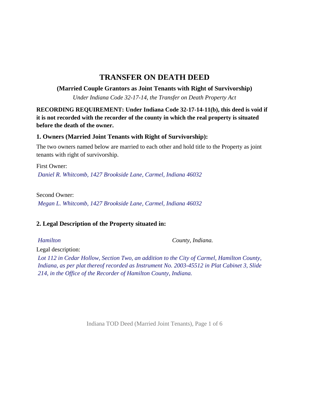 Porter County Completed Example of the Transfer on Death Deed (Married Couple Grantors as Joint Tenants with Right of Survivorship) Document