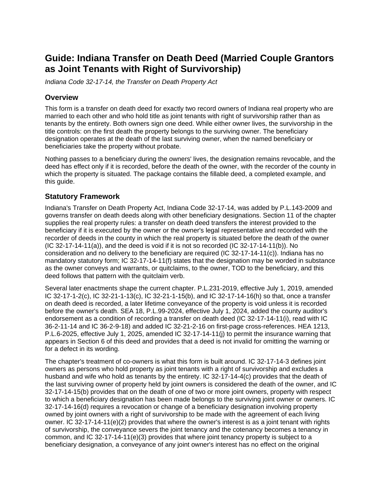 Porter County Transfer on Death Deed (Married Couple Grantors as Joint Tenants with Right of Survivorship) Guide