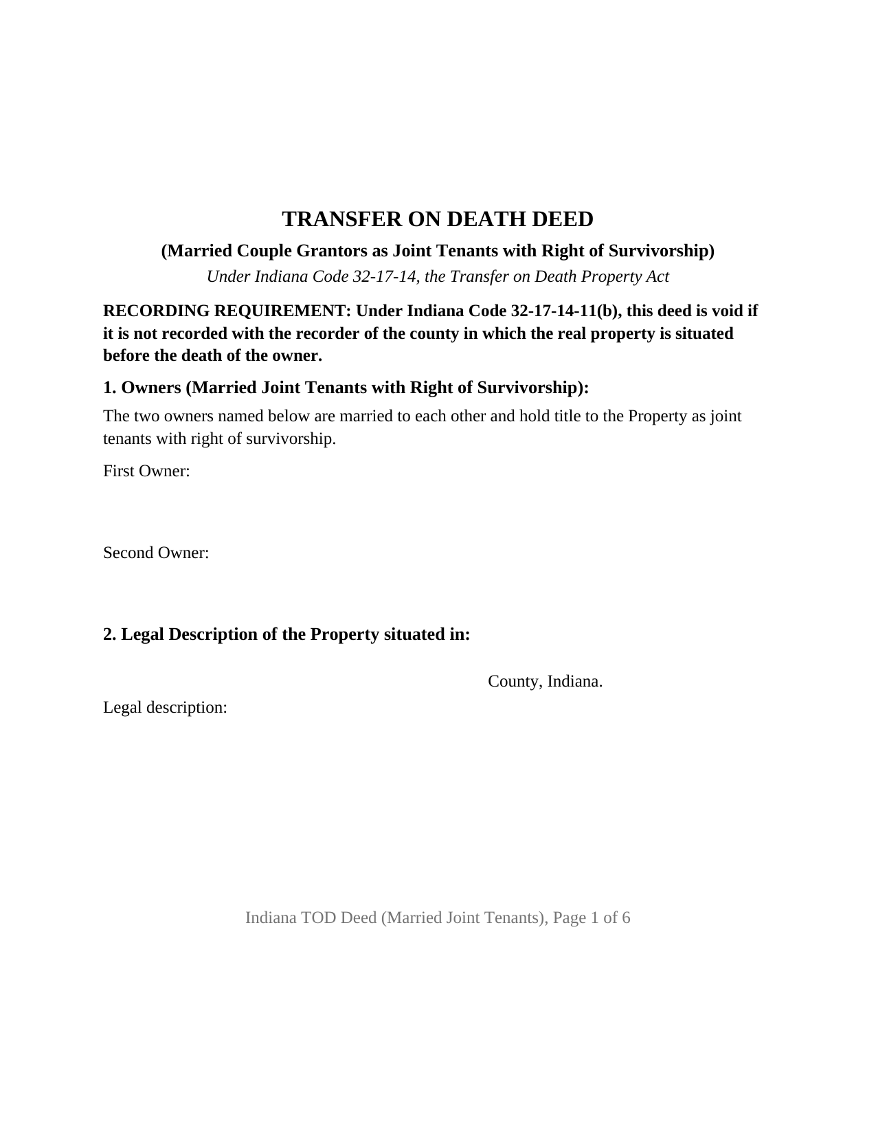 Porter County Transfer on Death Deed (Married Couple Grantors as Joint Tenants with Right of Survivorship) Form