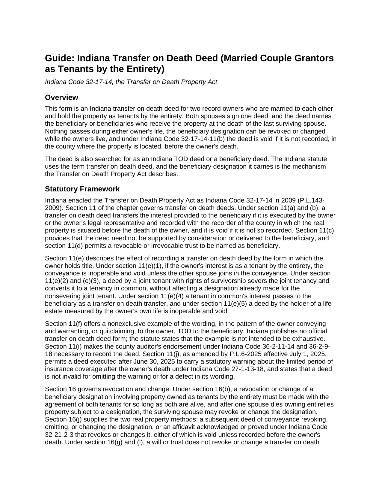 Porter County Transfer on Death Deed (Married Couple Grantors as Tenants by the Entirety) Guide