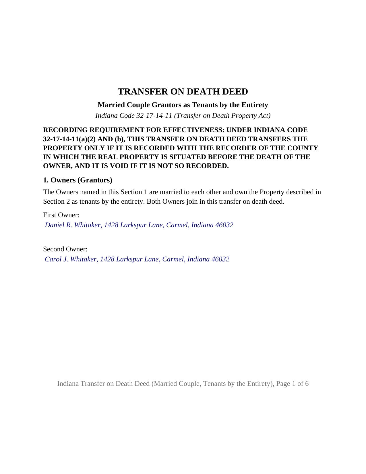 Porter County Completed Example of the Transfer on Death Deed (Married Couple Grantors as Tenants by the Entirety) Document