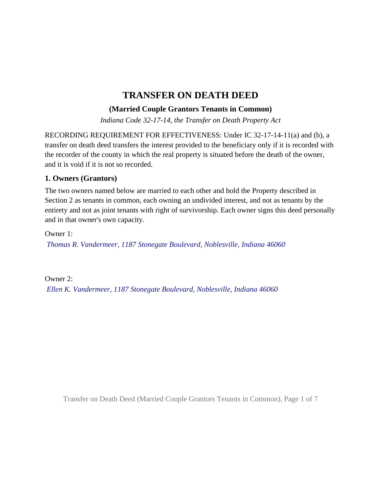 Porter County Completed Example of the Transfer on Death Deed (Married Couple Grantors Tenants in Common) Document
