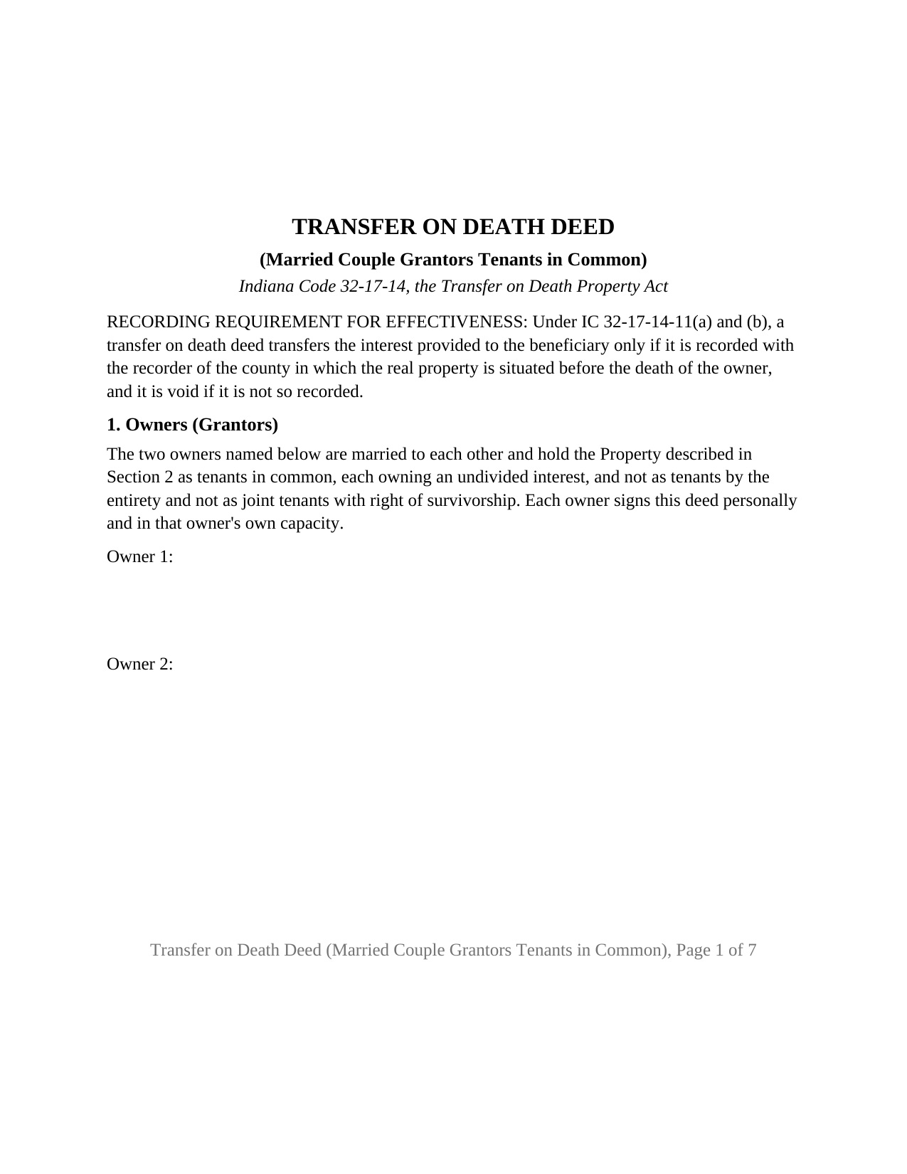 Porter County Transfer on Death Deed (Married Couple Grantors Tenants in Common) Form