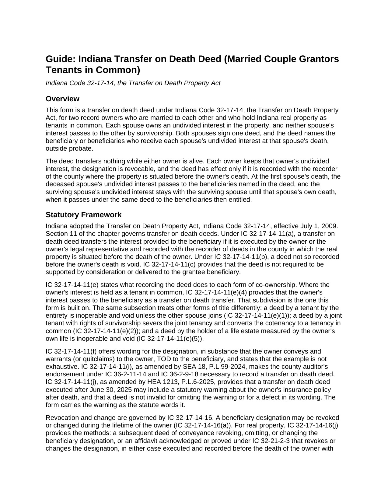 Porter County Transfer on Death Deed (Married Couple Grantors Tenants in Common) Guide