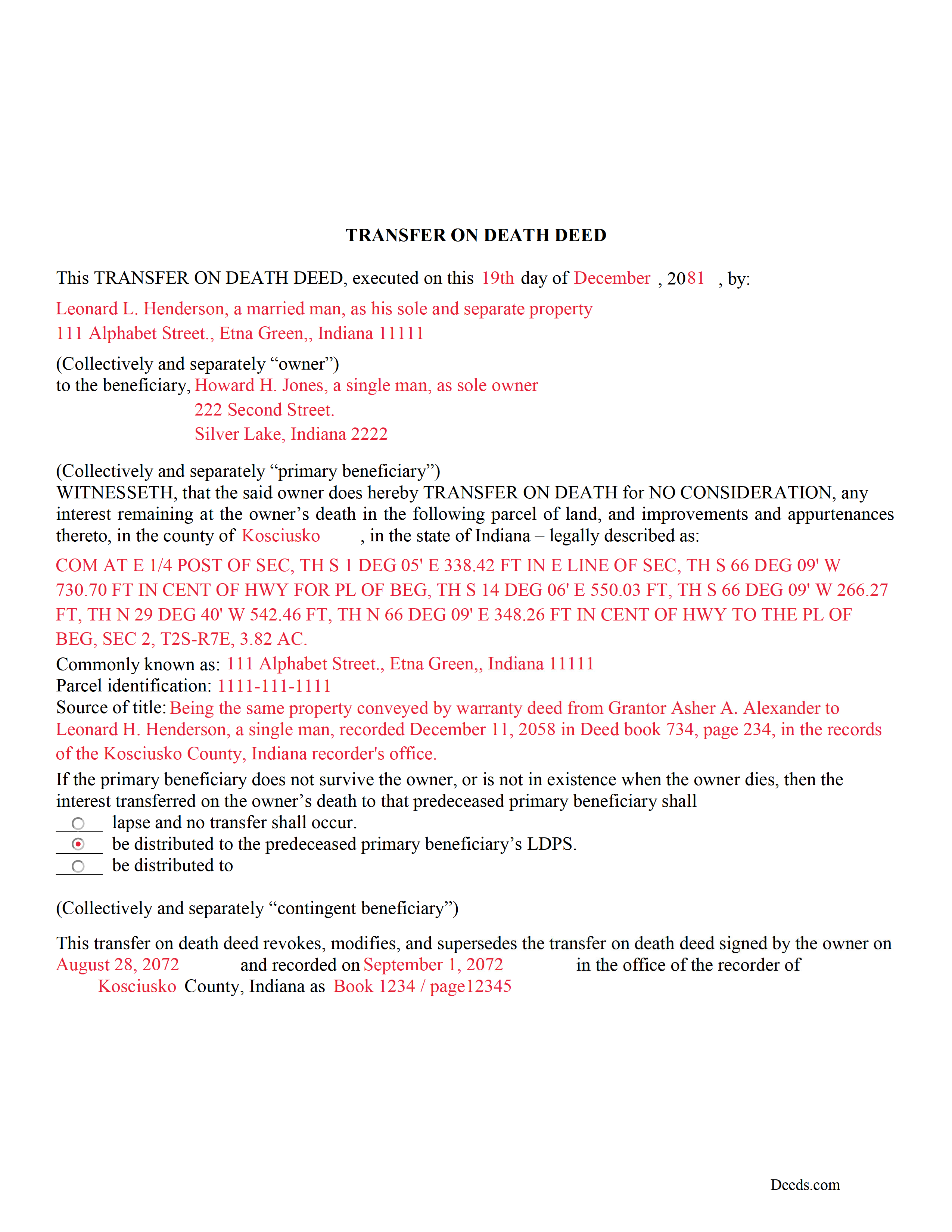 Vanderburgh County Completed Example of the Transfer on Death Deed Form