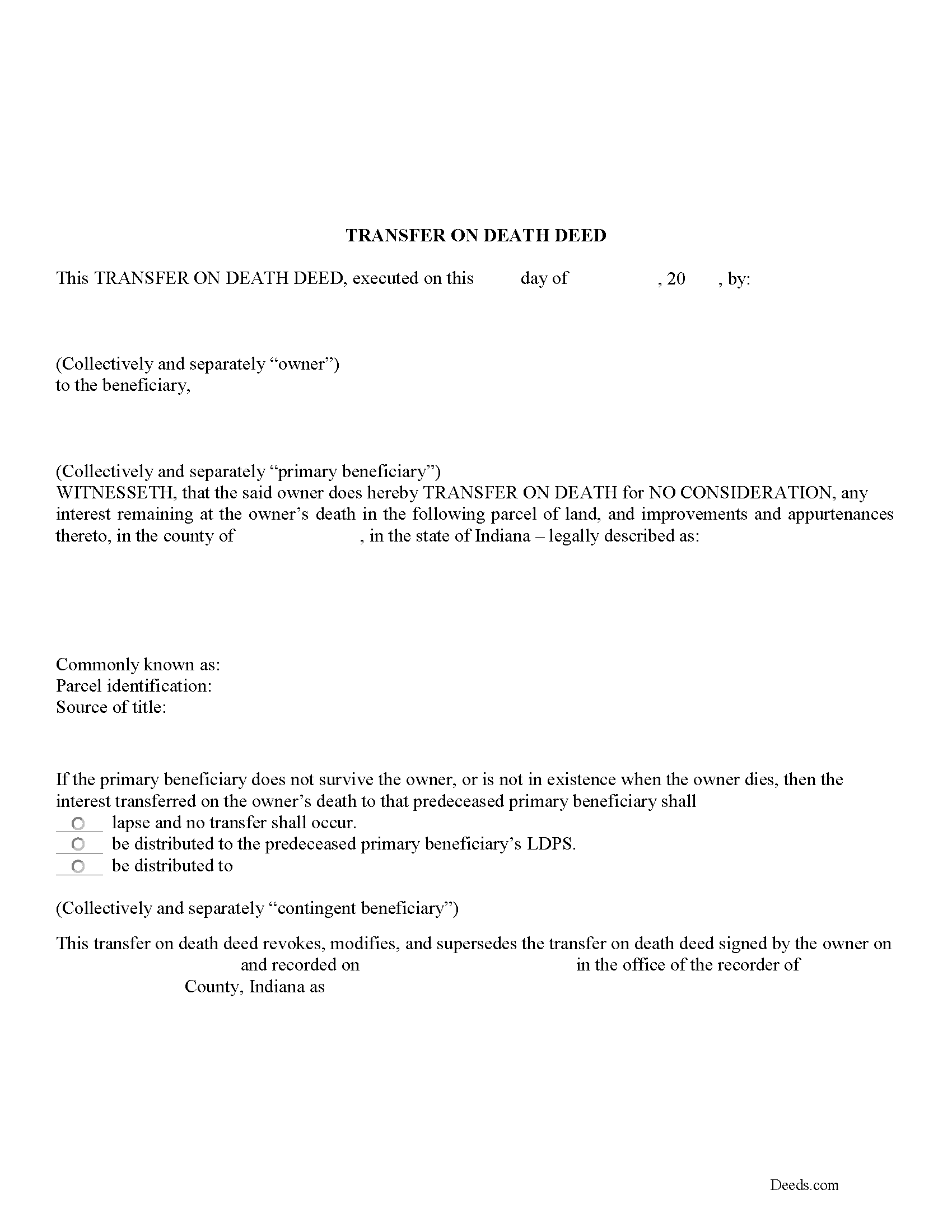 Vanderburgh County Transfer on Death Deed Form