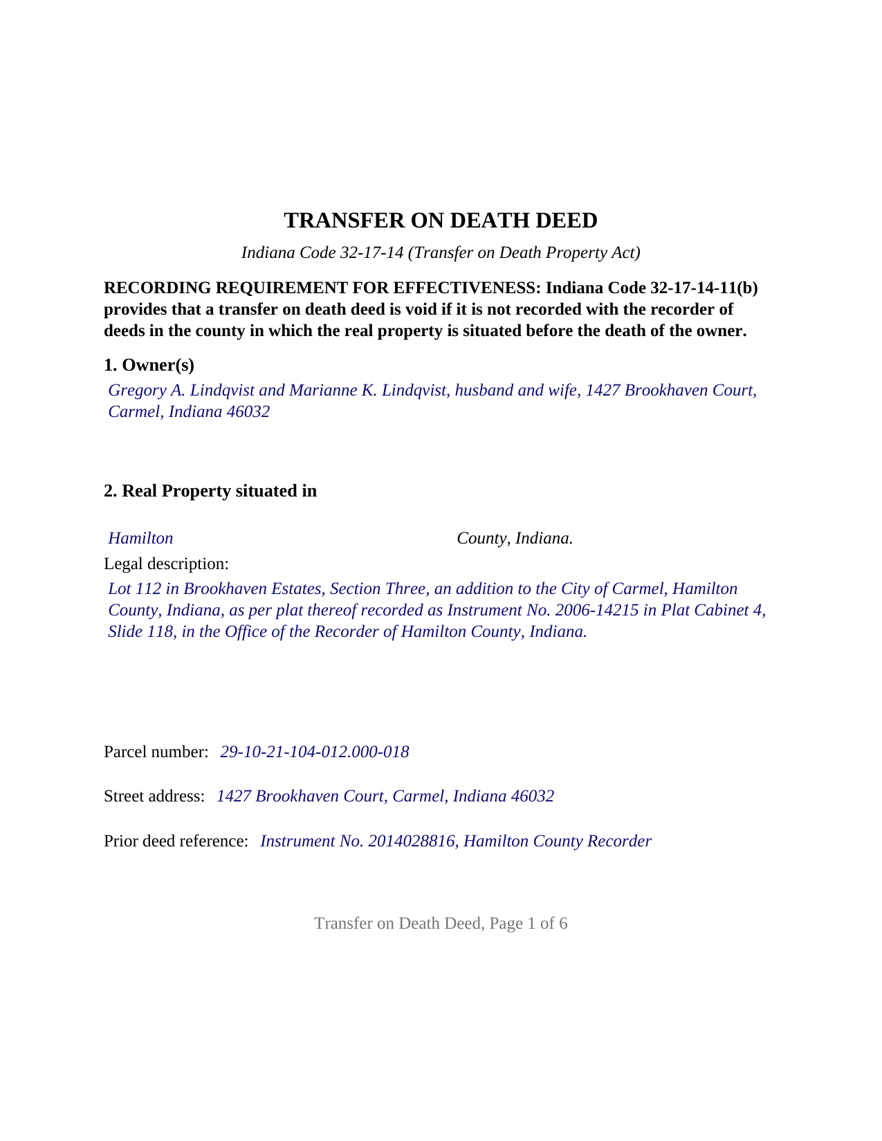 Floyd County Completed Example of the Transfer on Death Deed Document