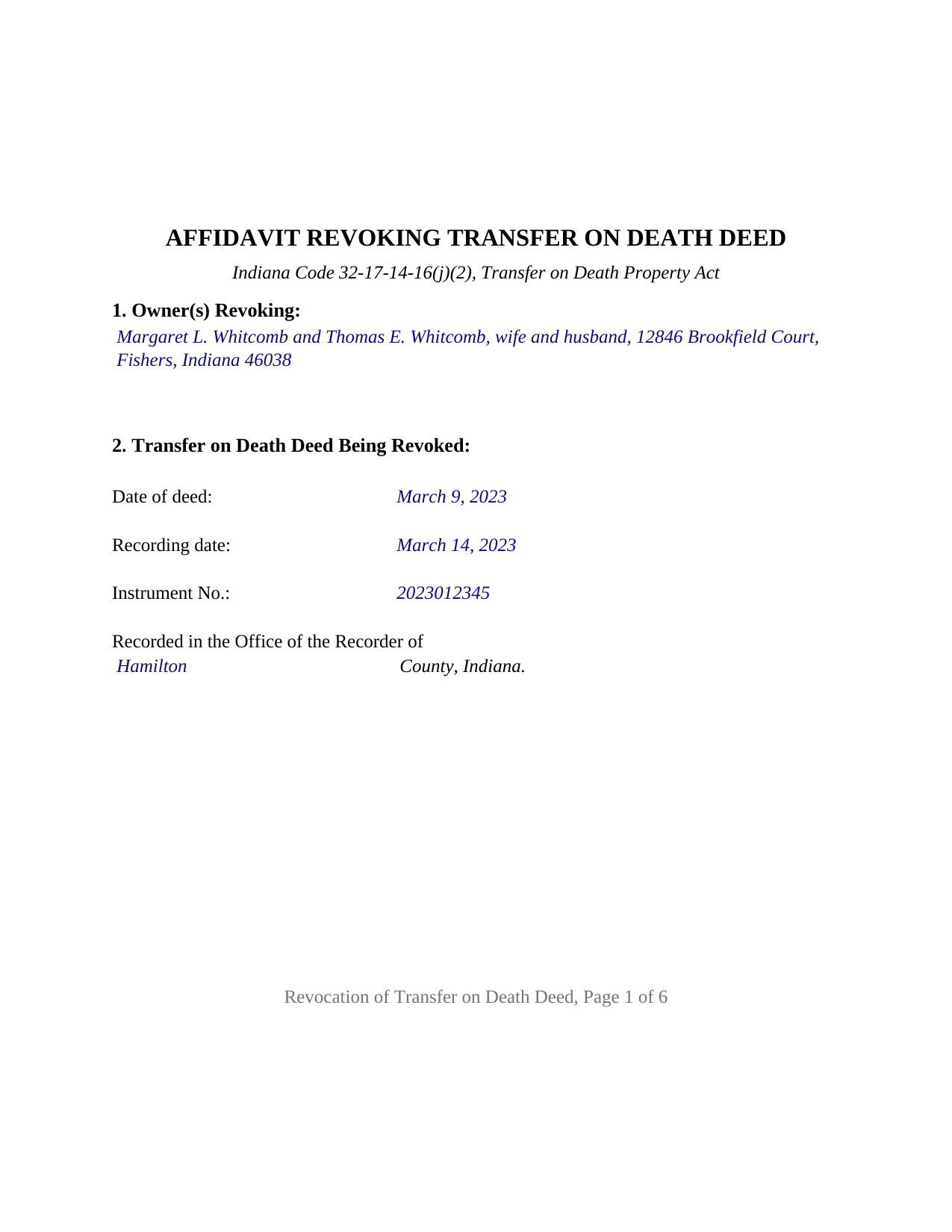 Porter County Completed Example of the Transfer on Death Revocation Document