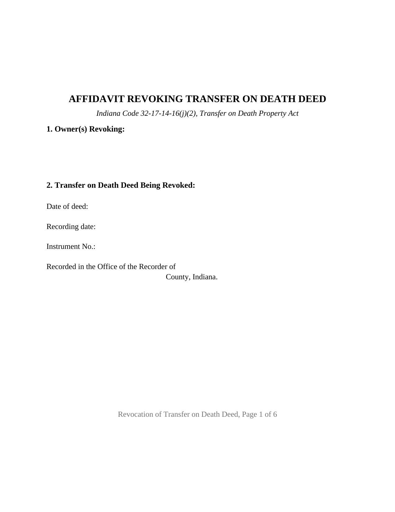 Porter County Transfer on Death Revocation Form