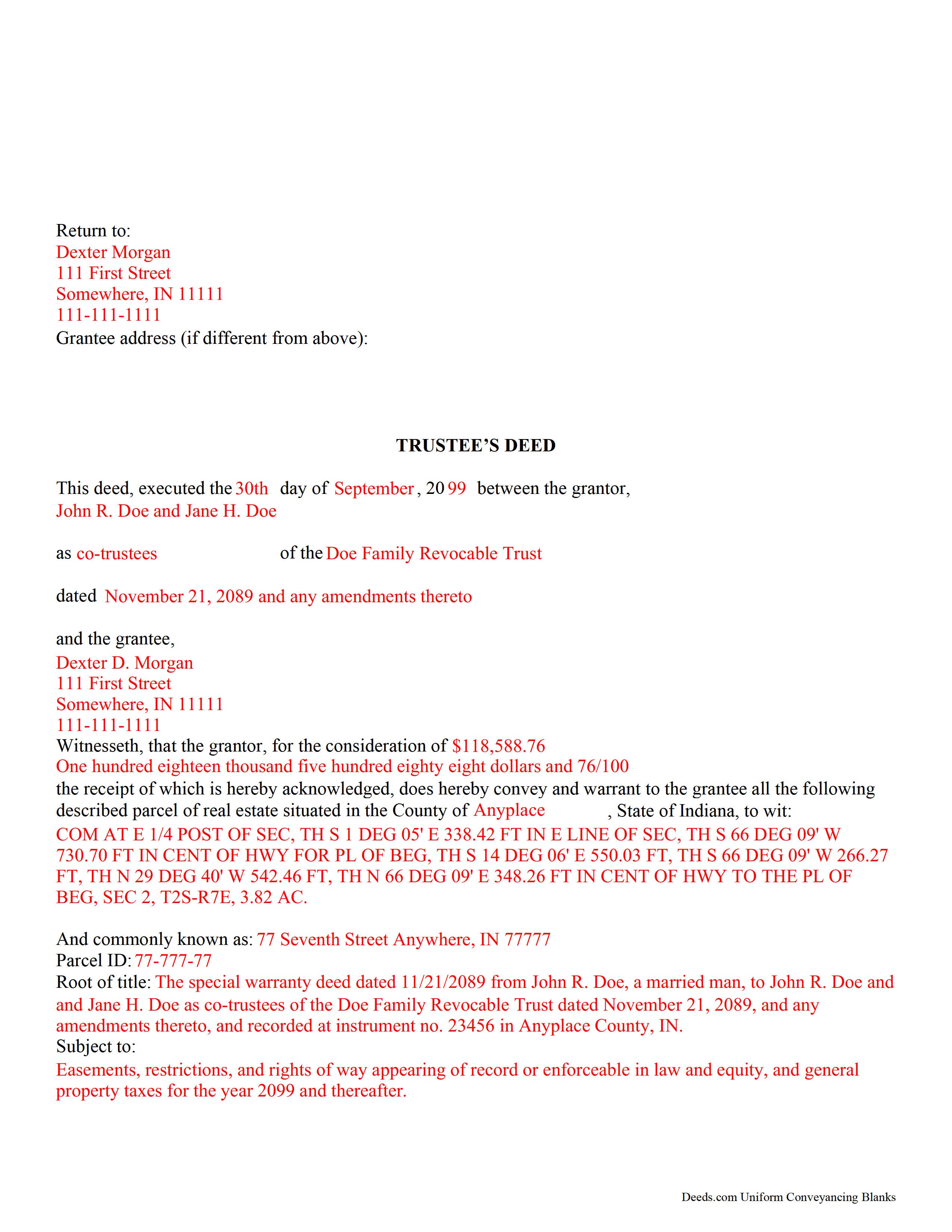 Rush County Completed Example of the Trustee Deed Document