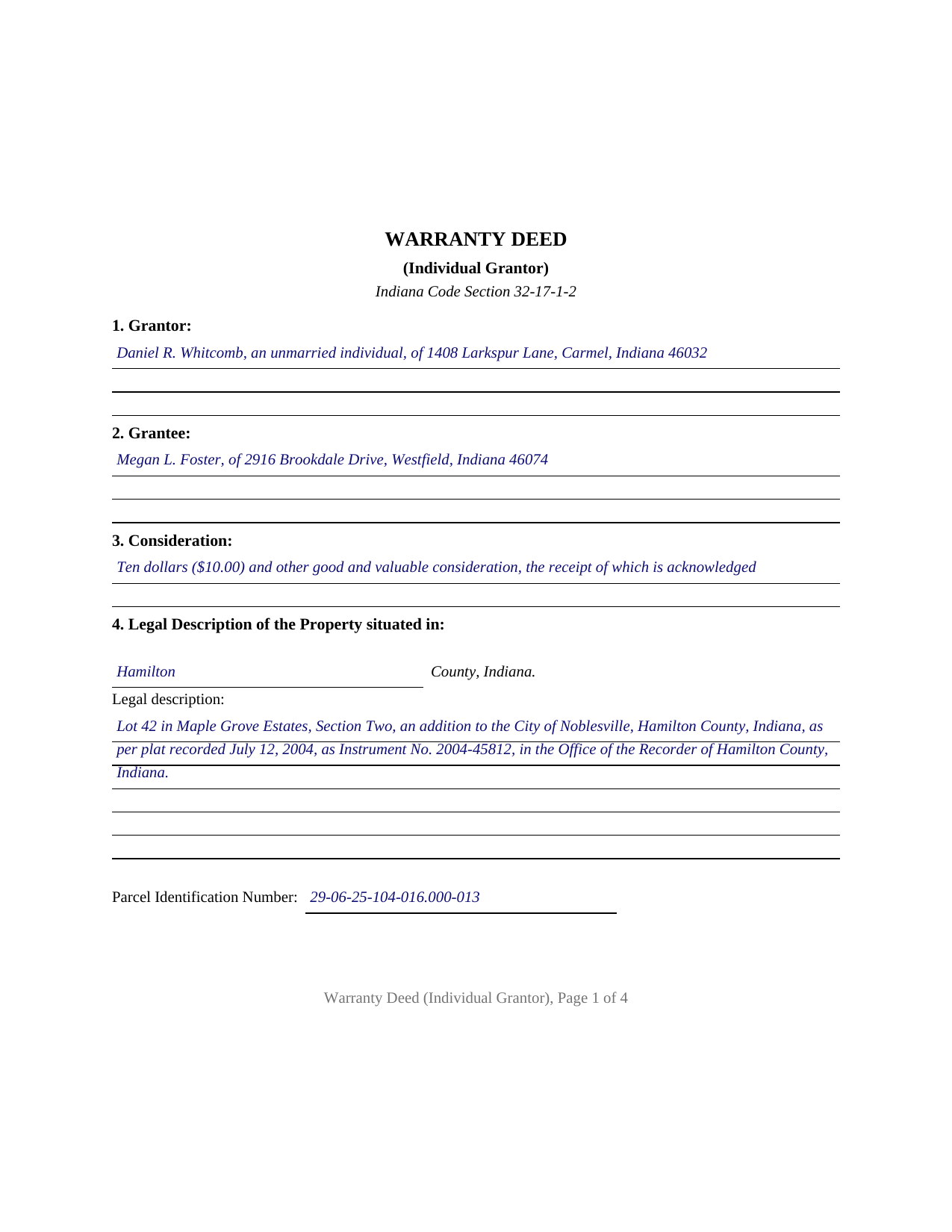 Montgomery County Completed Example of the Warranty Deed (Individual Grantor) Document