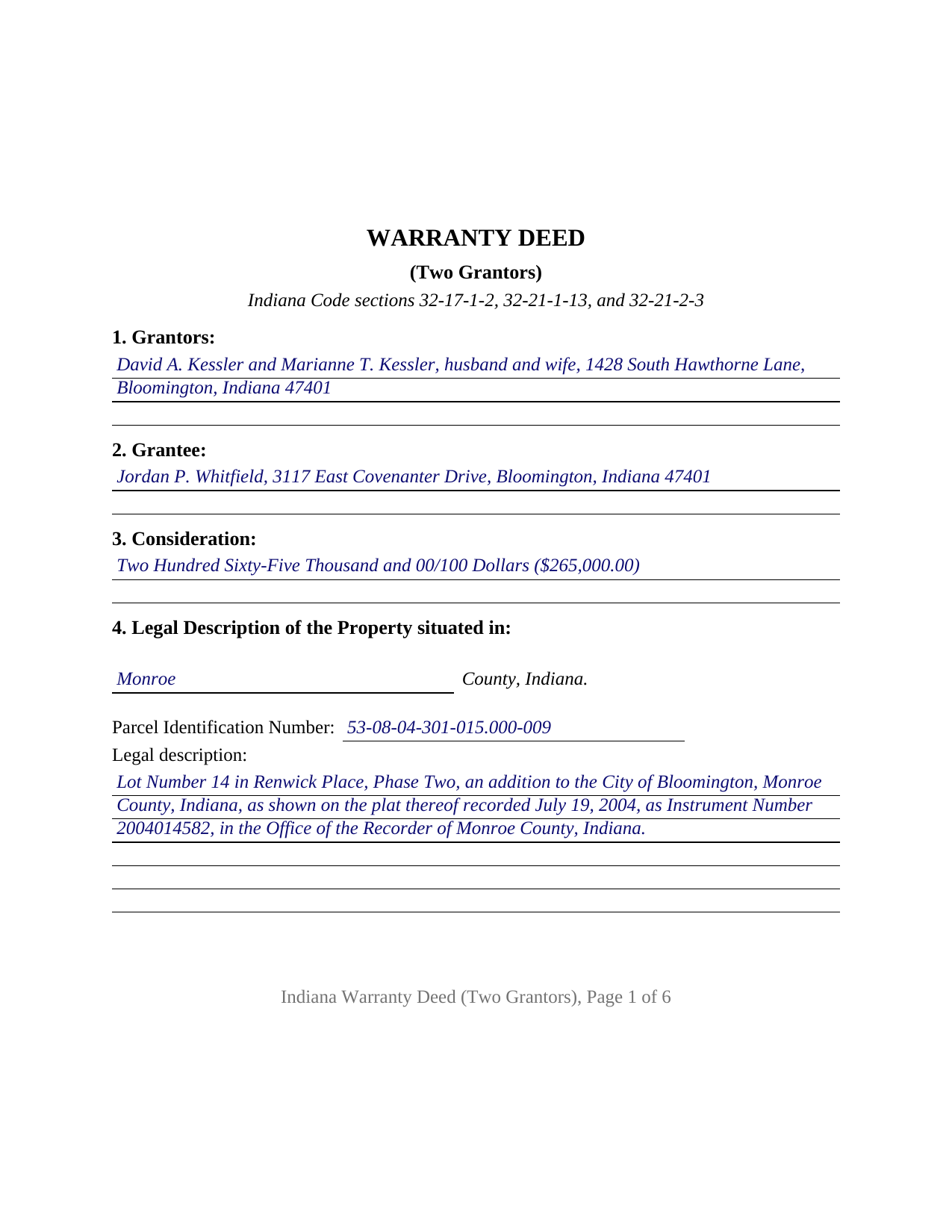 Starke County Completed Example of the Warranty Deed (Two Grantors) Document