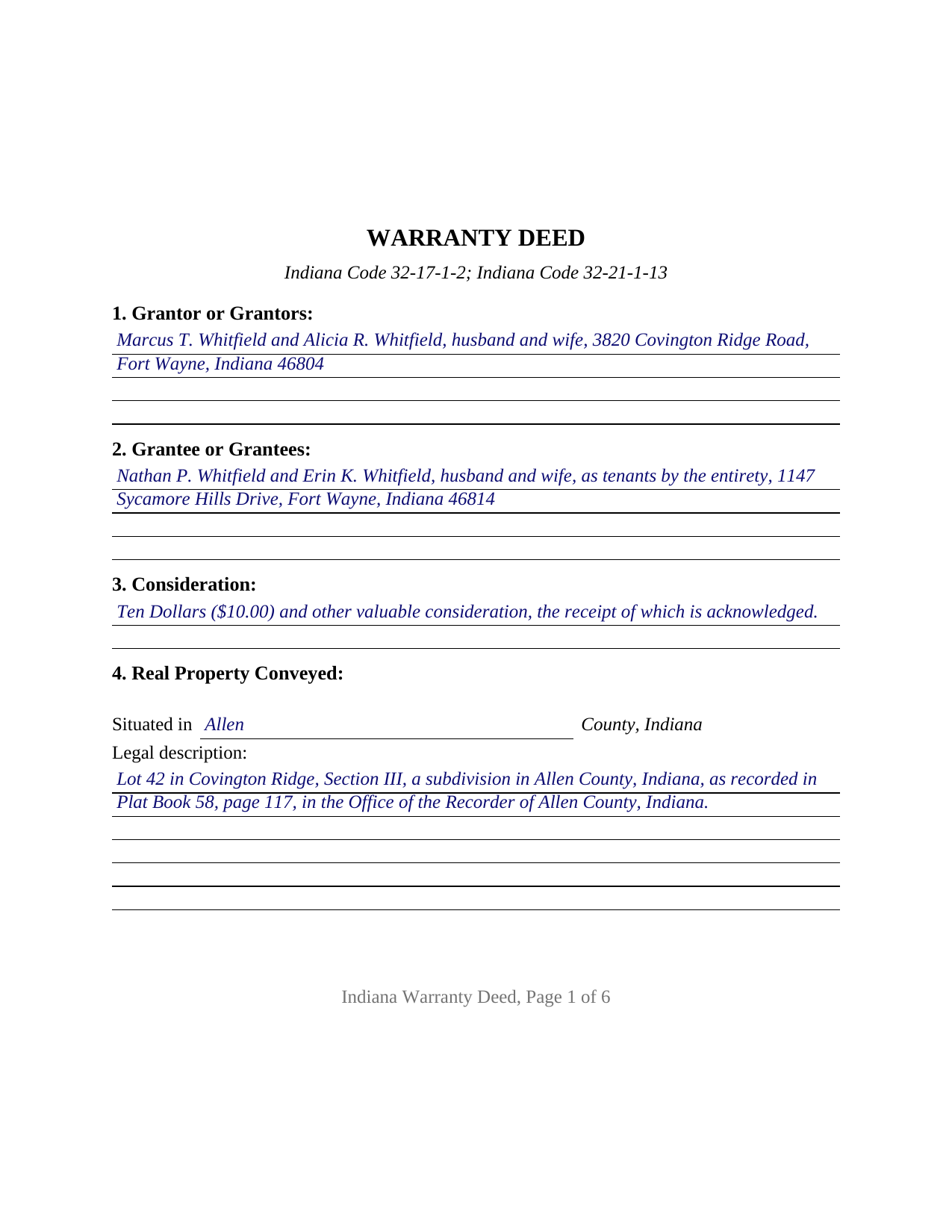 Lagrange County Completed Example of the Warranty Deed Document