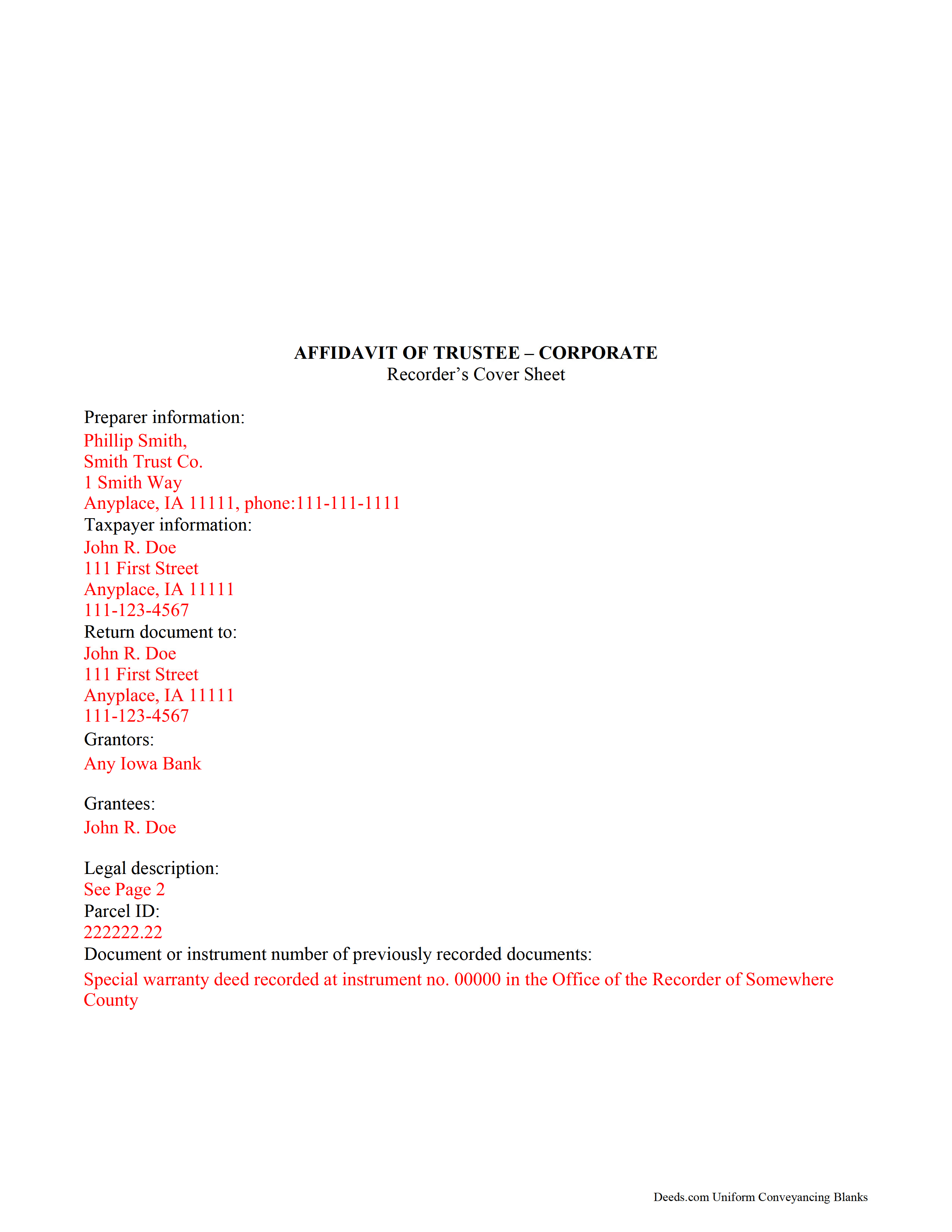 Completed Example of the Affidavit of Corporate Trustee Document