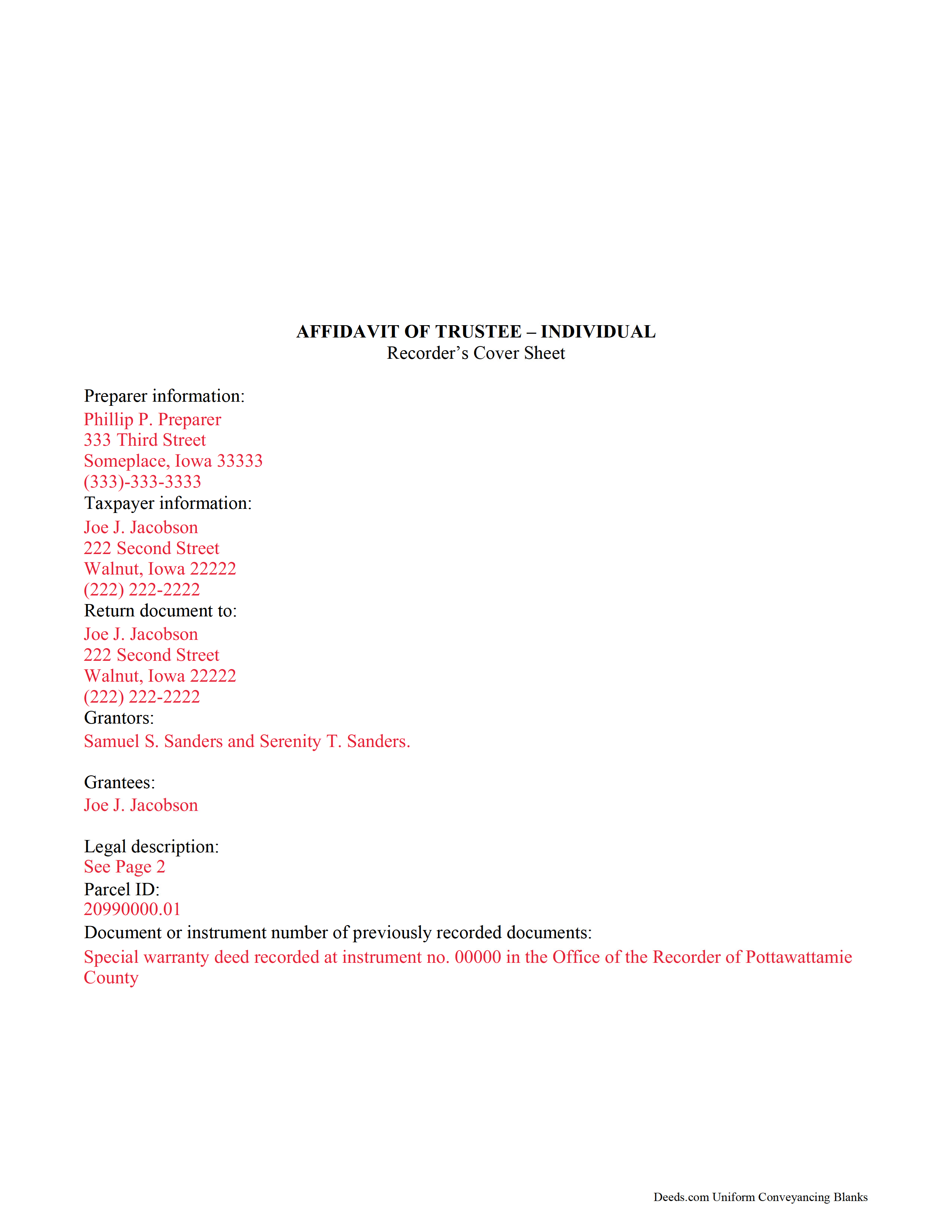 Muscatine County Completed Example of the Affidavit of Individual Trustee Document