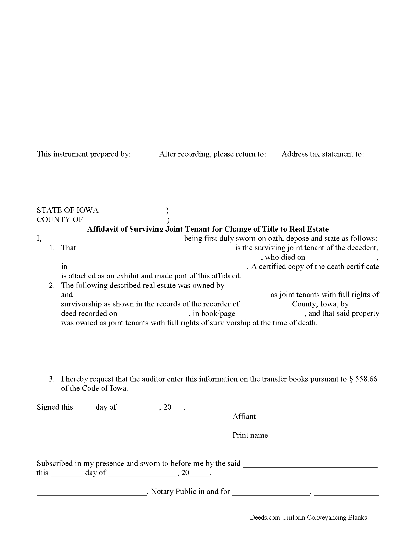 Hancock County Affidavit of Surviving Joint Tenant Form