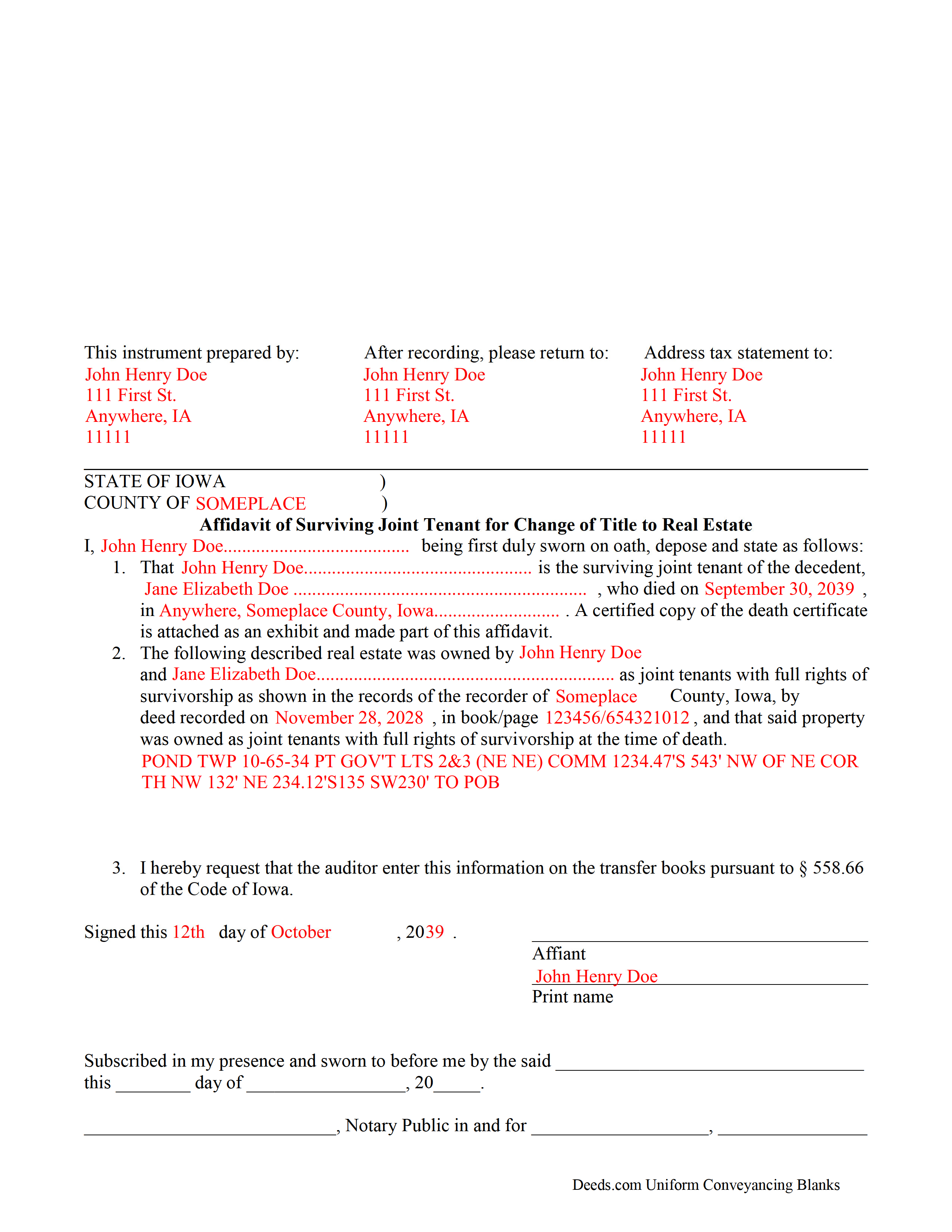 Completed Example of the Affidavit of Surviving Joint Tenant Document