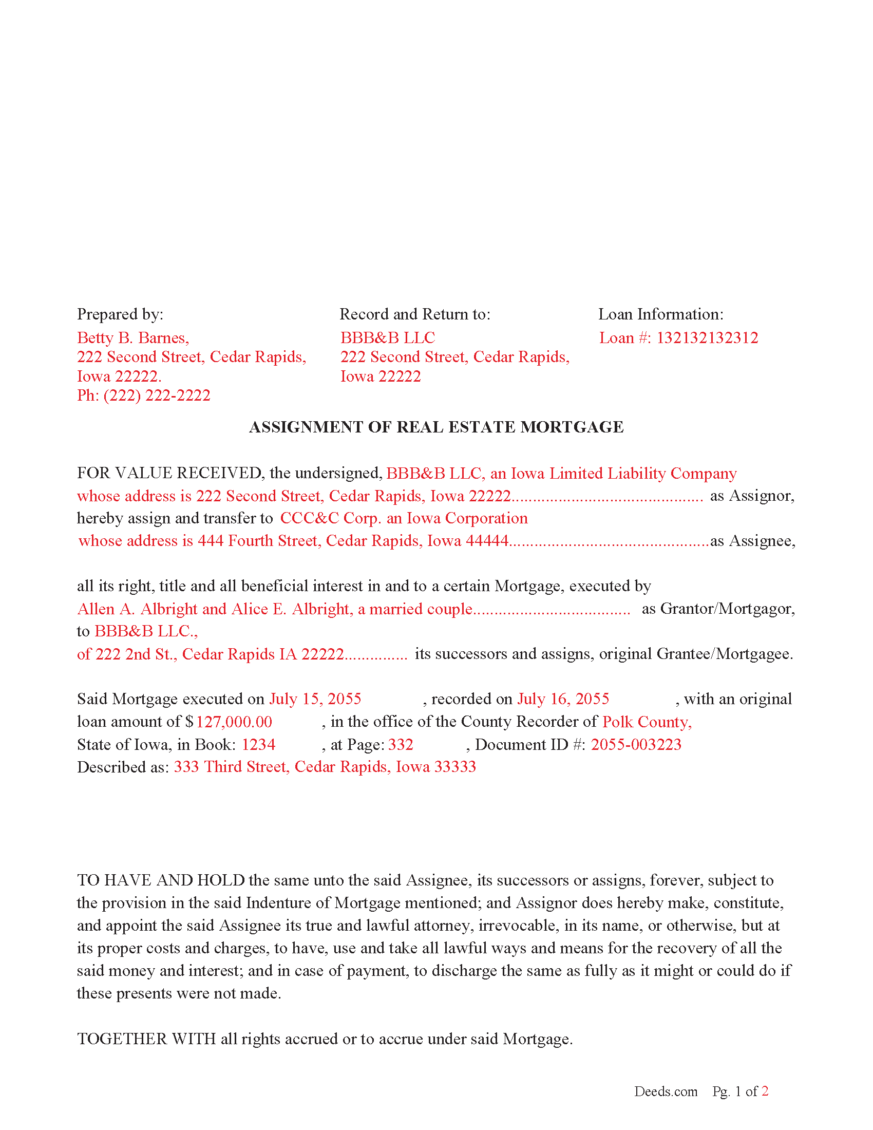 Completed Example of an Assignment of Real Estate Mortgage Document