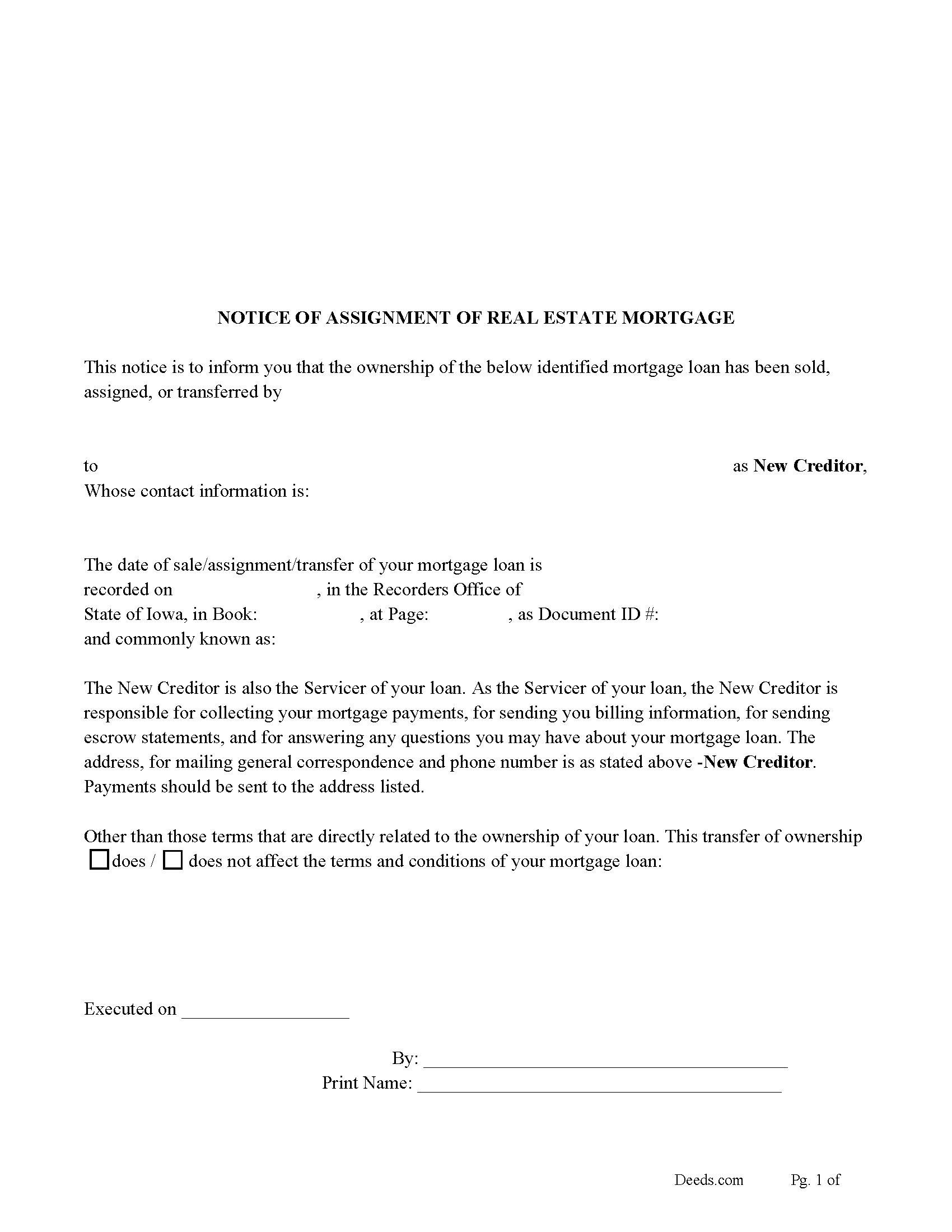 Notice of Assignment of Real Estate Mortgage Form