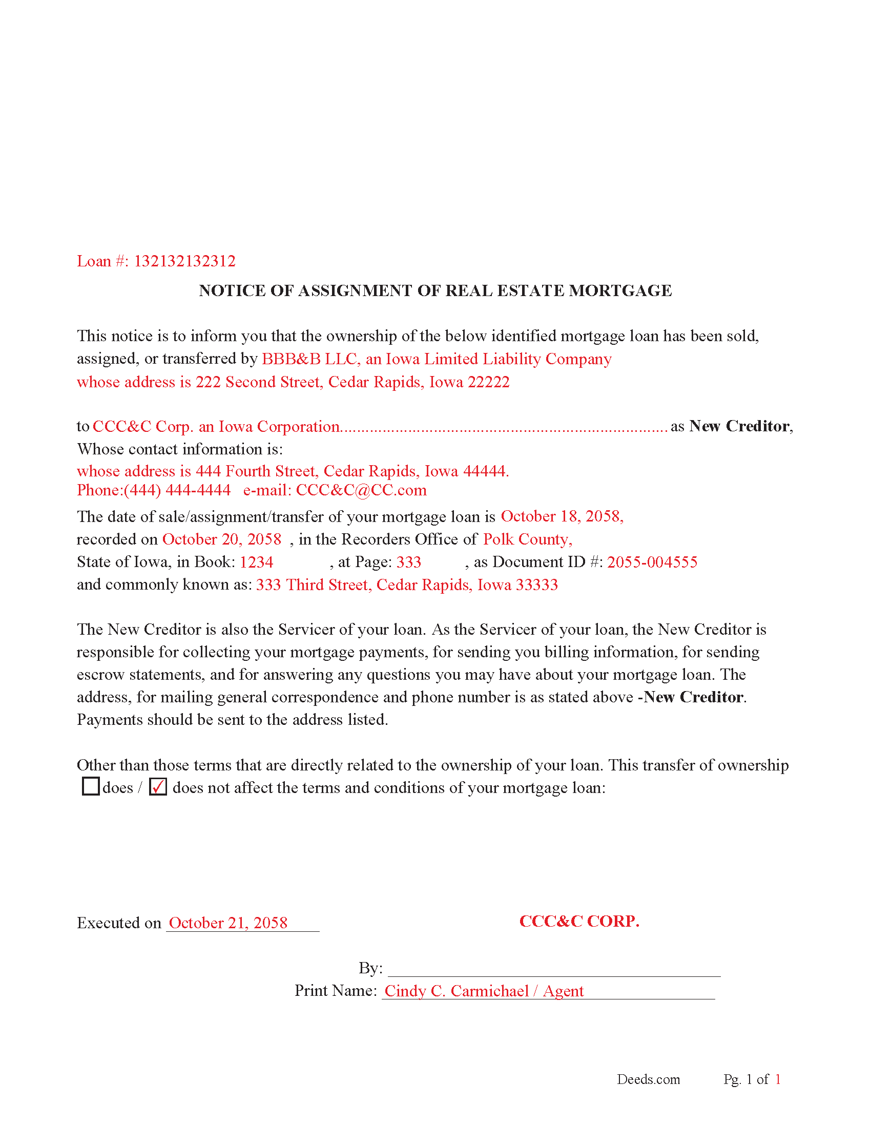 Notice of Assignment of Real Estate Mortgage-Completed Example