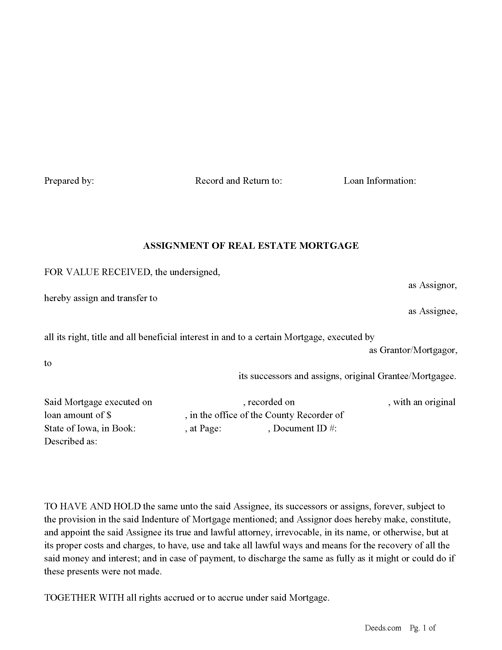 Assignment of Real Estate Mortgage Form