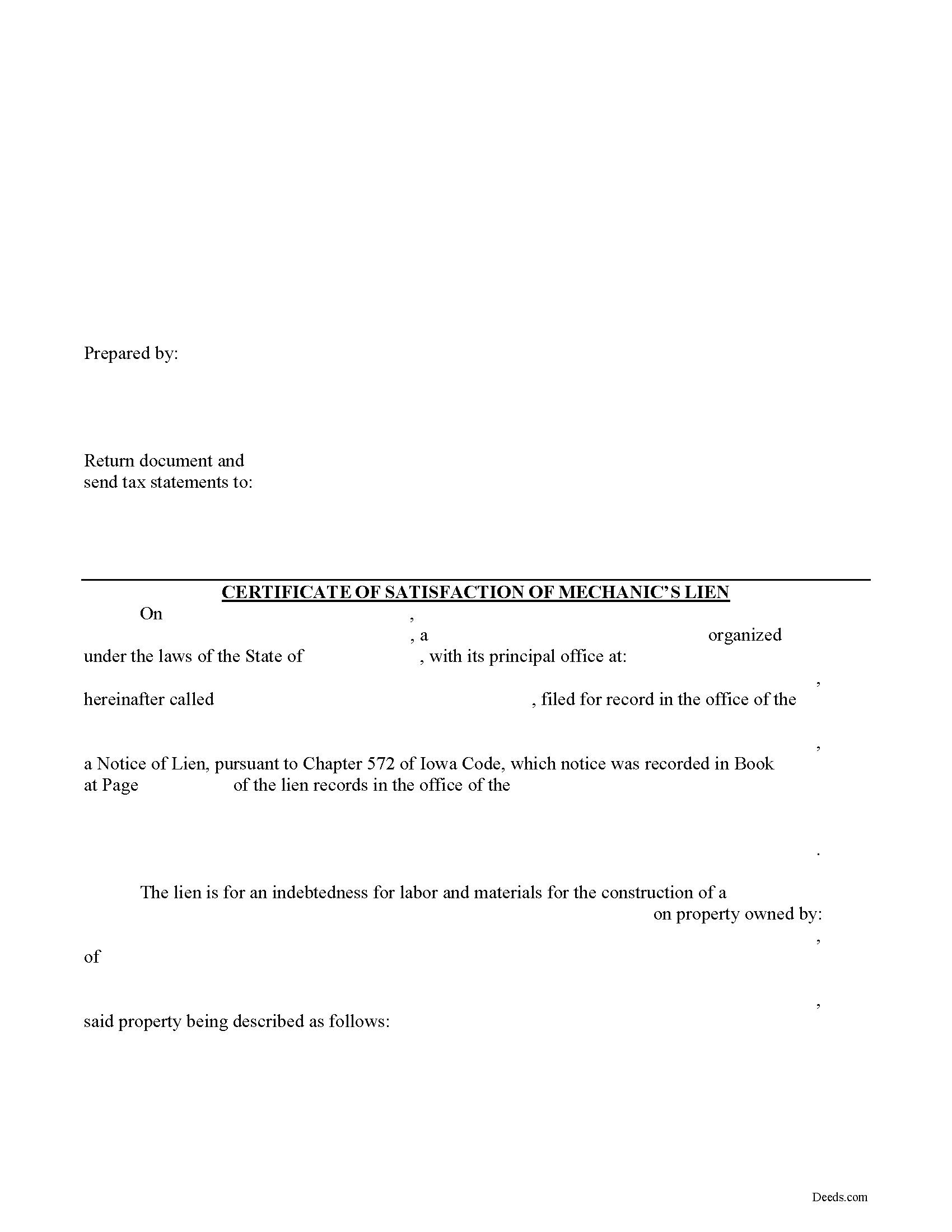 Certificate of Satisfaction Form