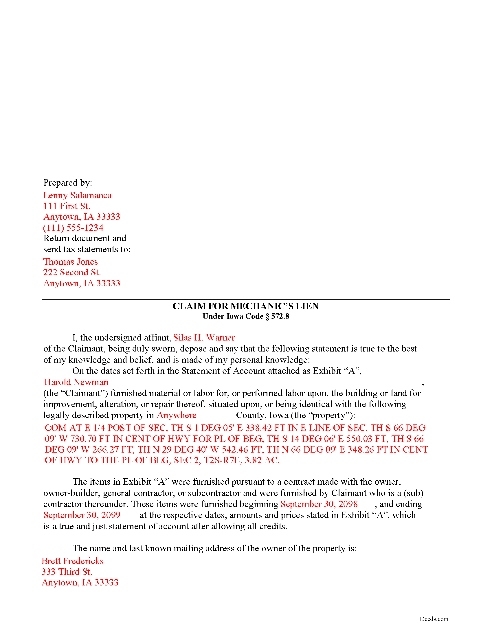 Completed Example of the Claim of Mechanics Lien Document