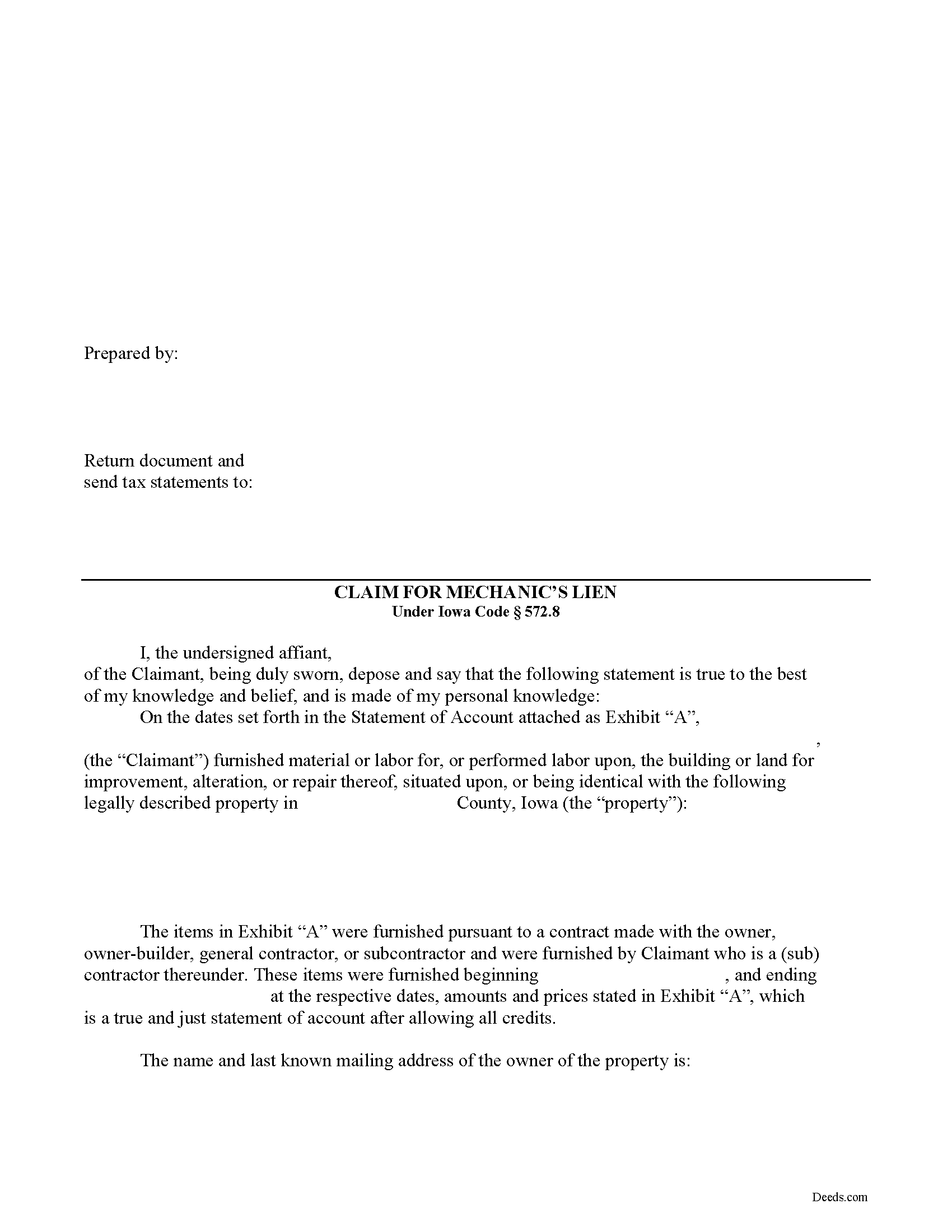 Poweshiek County Claim of Mechanics Lien Form