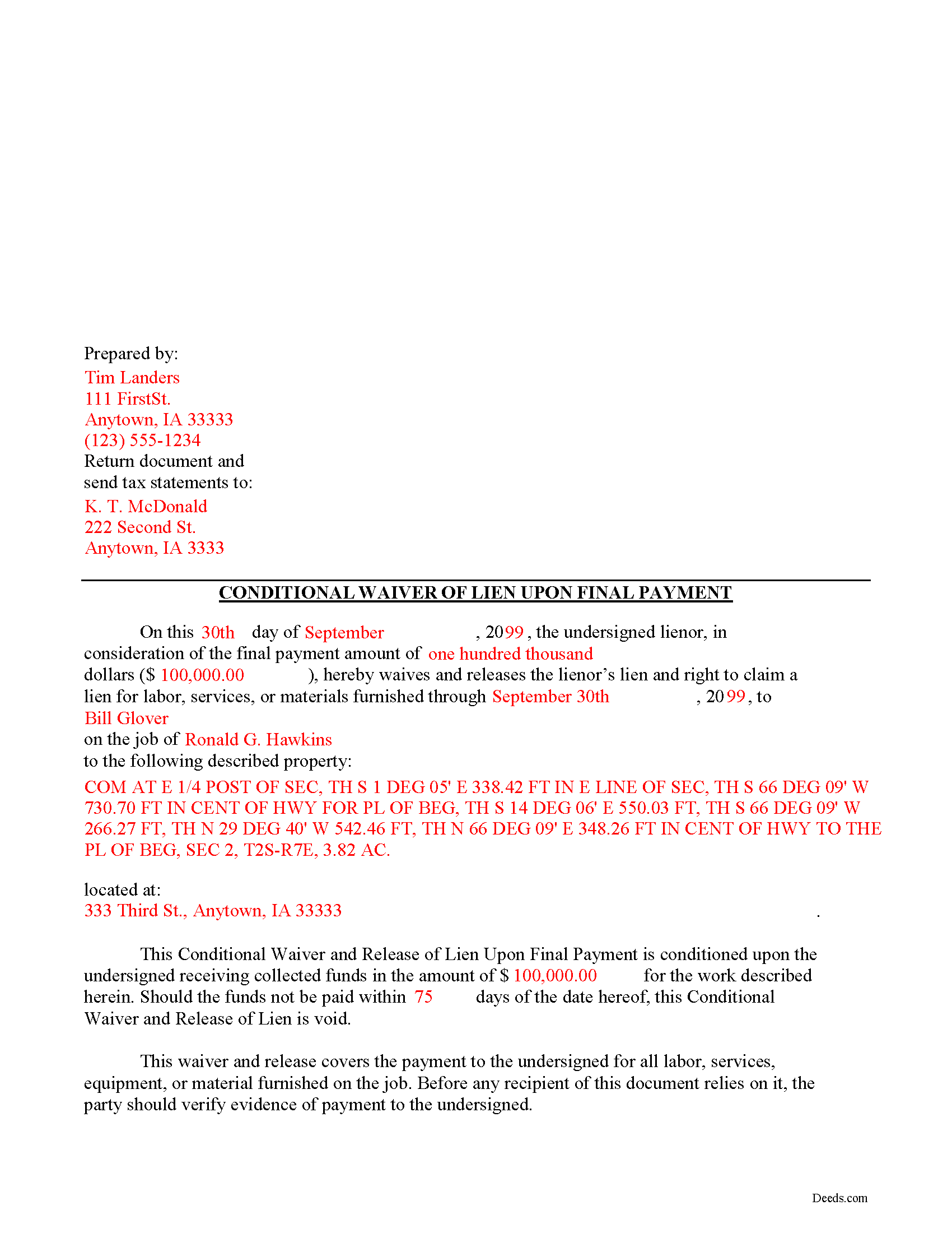 Wright County Completed Example of the Conditional Lien Waiver on Final Payment Document
